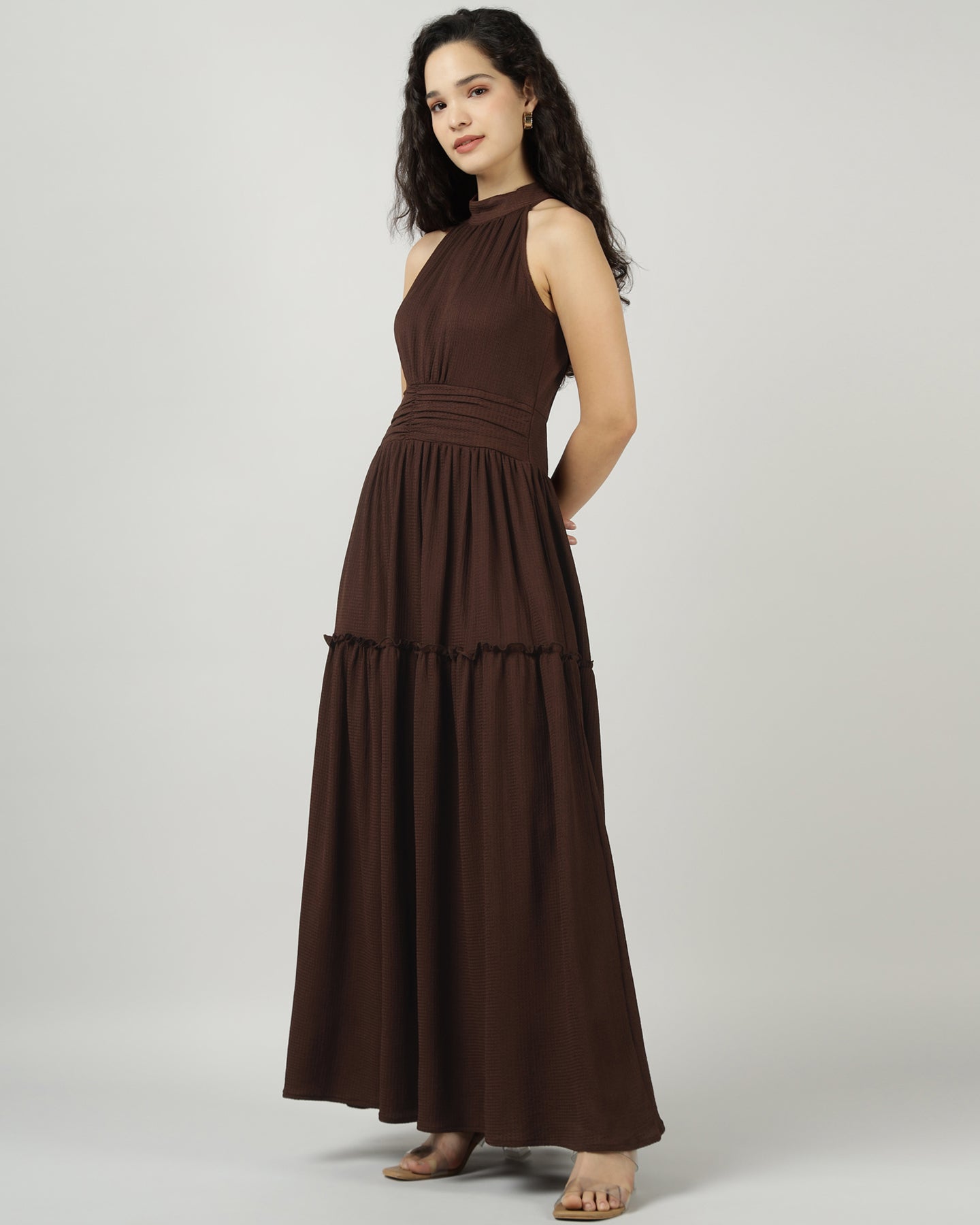 Women’s Brown Halter Neck Gathered Evening Maxi Dress - 3032