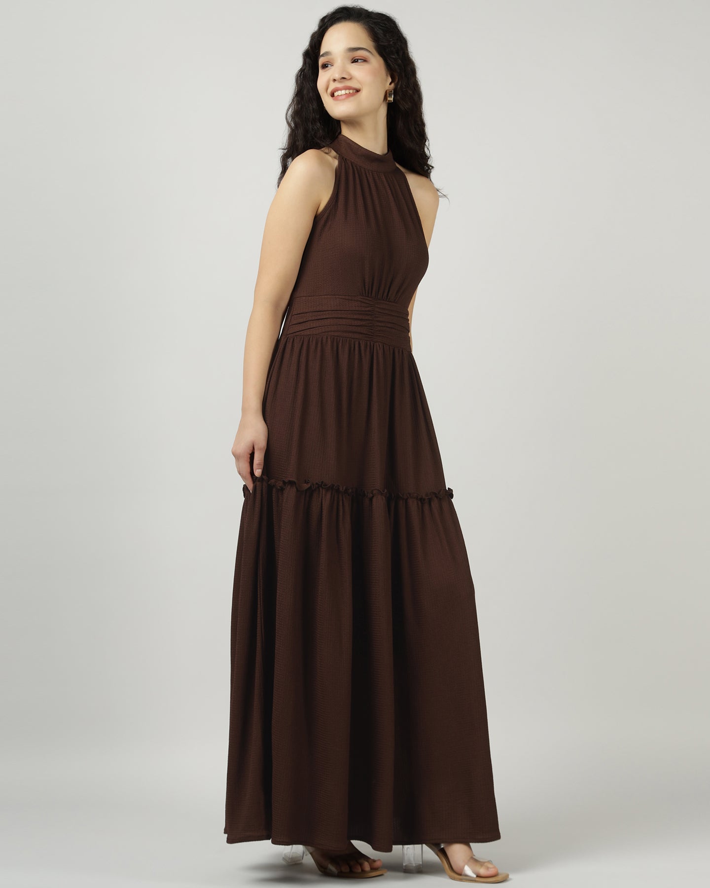 Women’s Brown Halter Neck Gathered Evening Maxi Dress - 3032