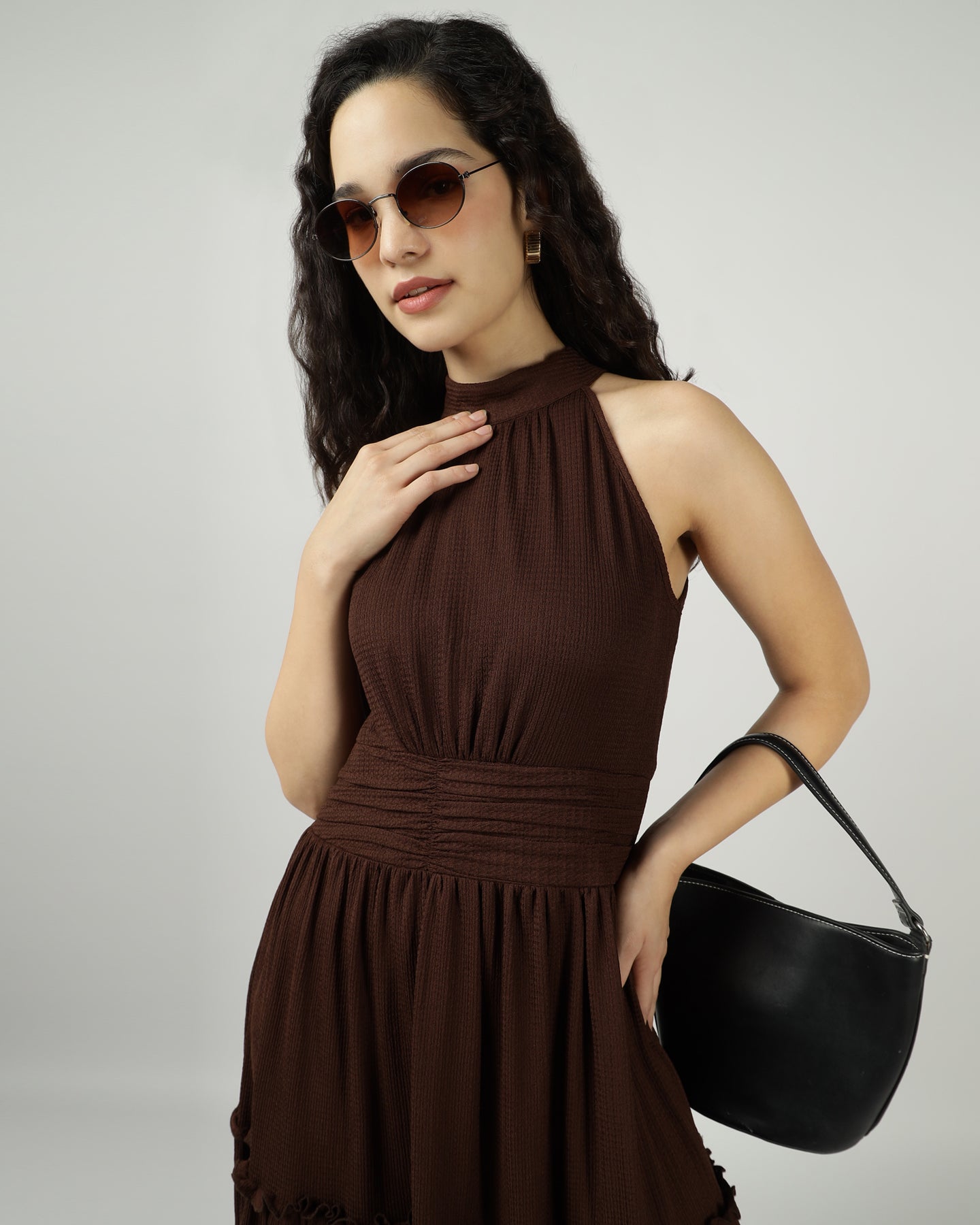 Women’s Brown Halter Neck Gathered Evening Maxi Dress - 3032