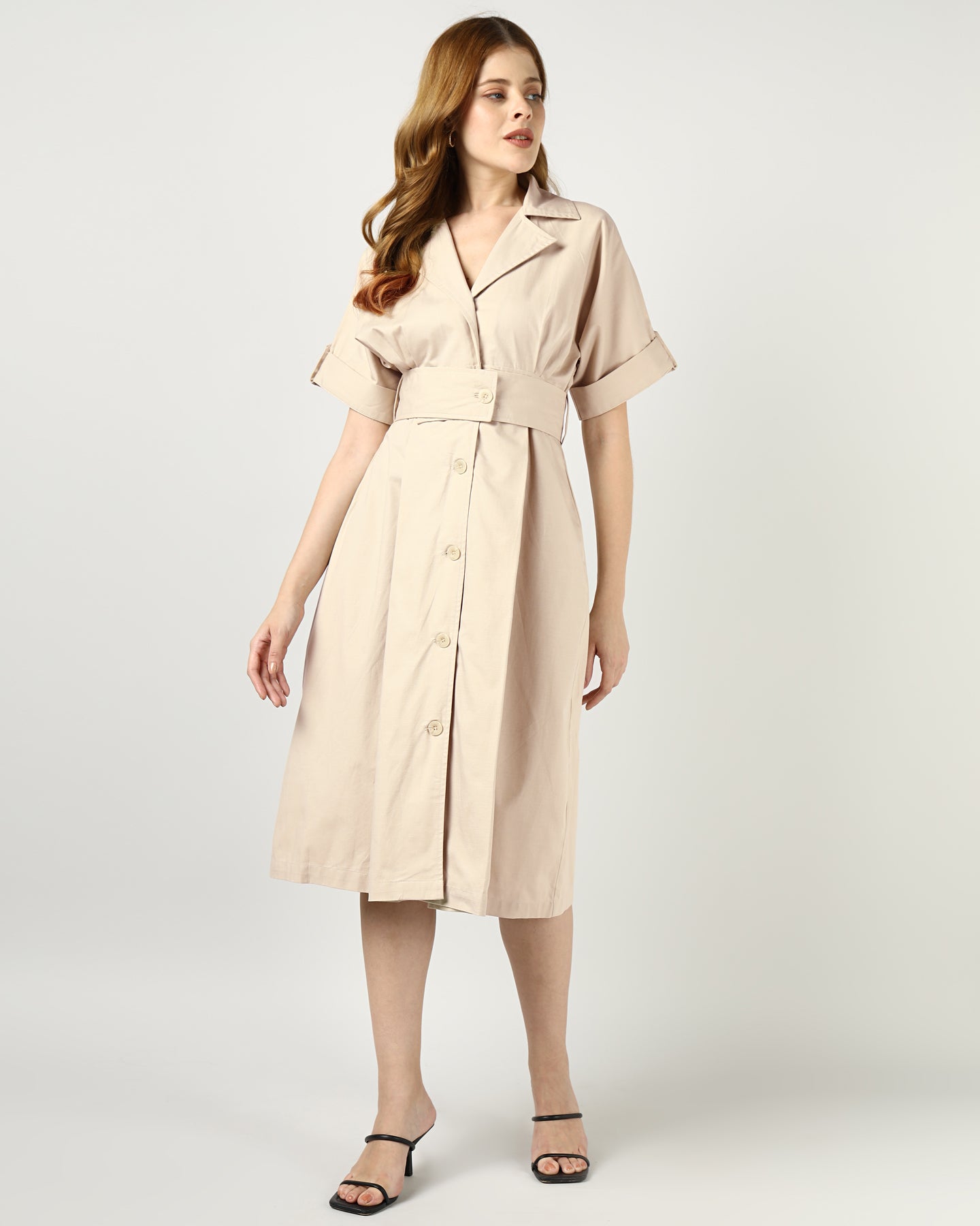 Women’s Beige Tailored Belted Midi Dress -3033