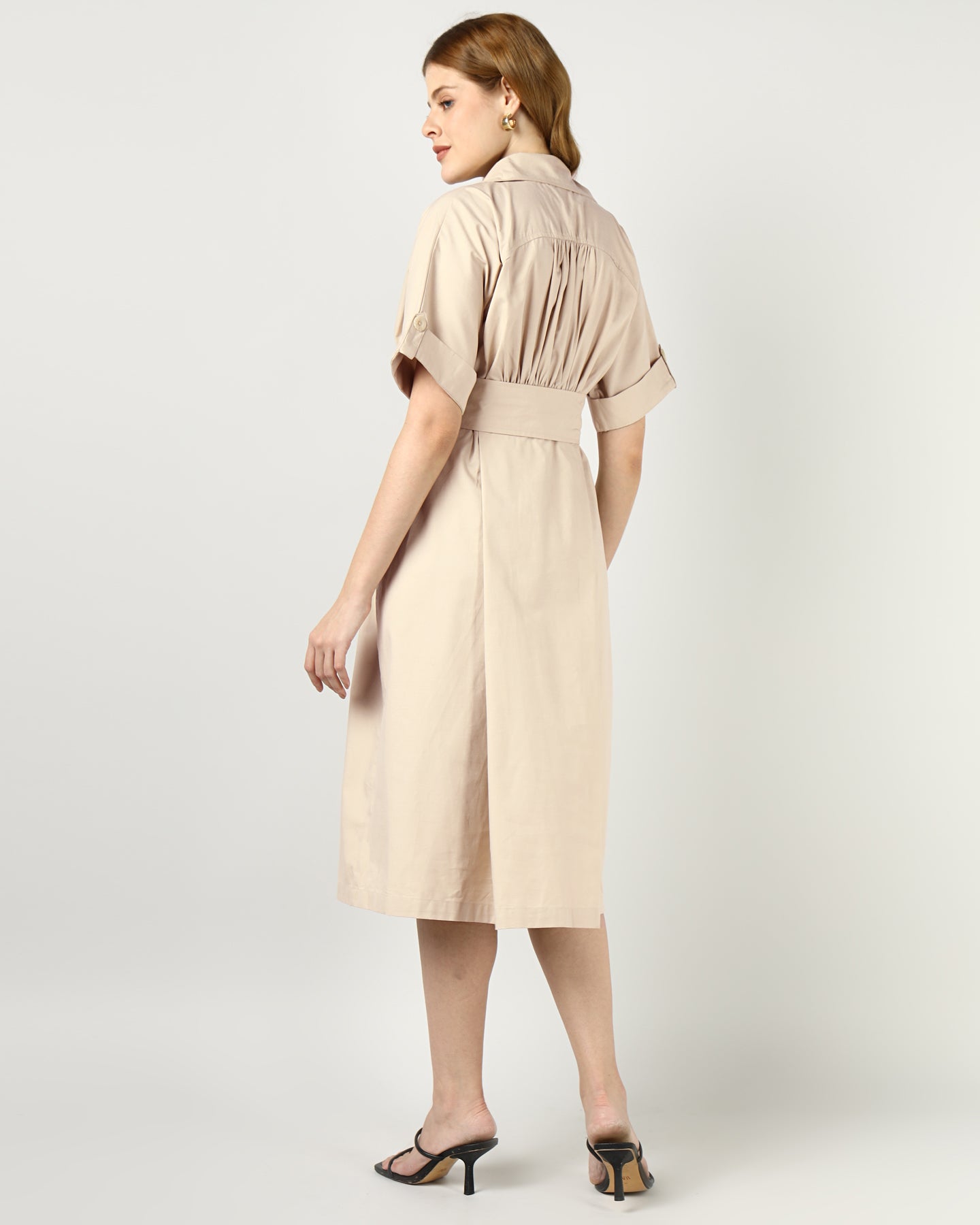Women’s Beige Tailored Belted Midi Dress -3033
