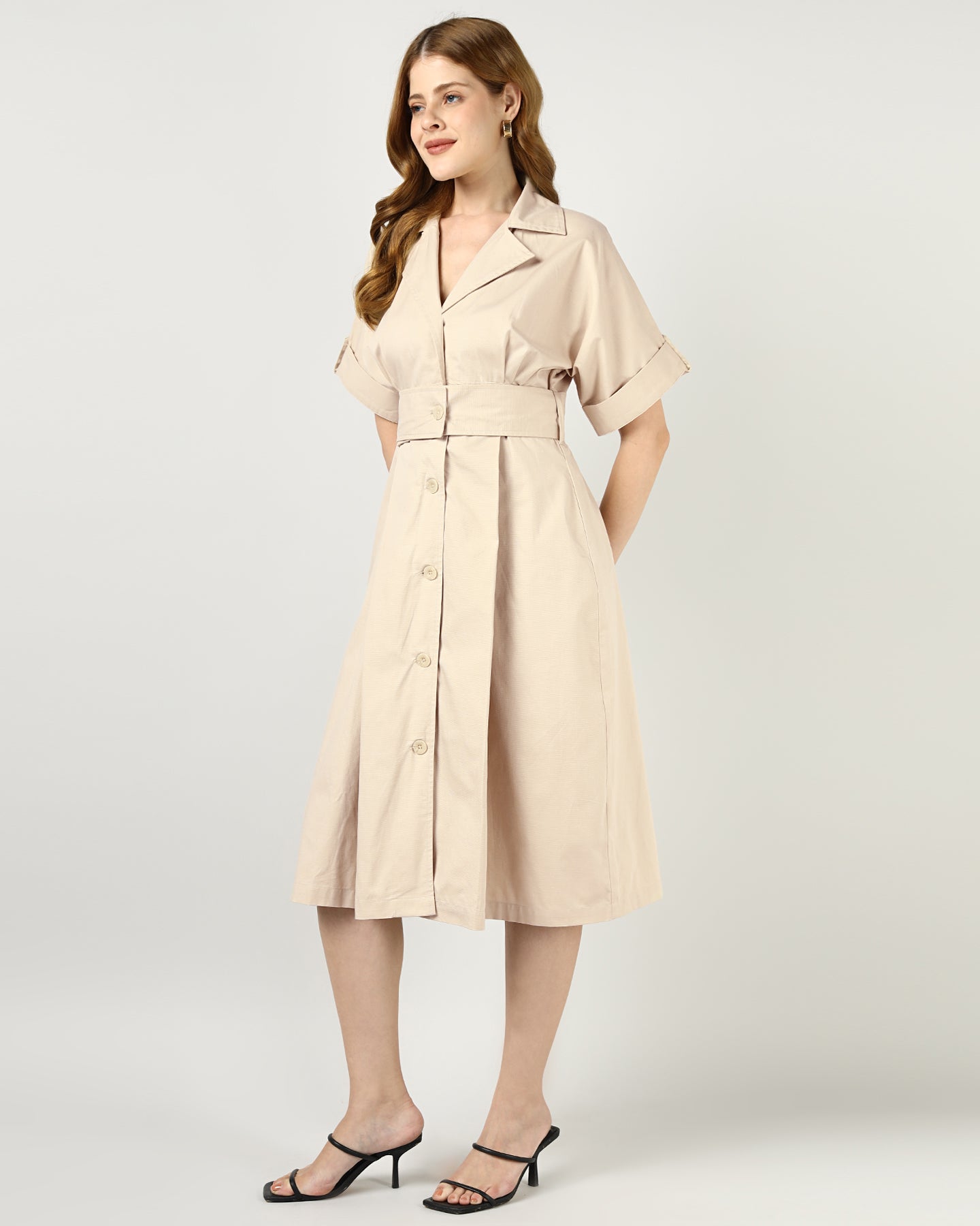 Women’s Beige Tailored Belted Midi Dress -3033