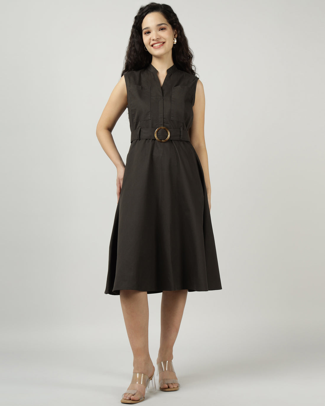 Women’s Dark Olive Utility Sleeveless Belted Dress - 3035