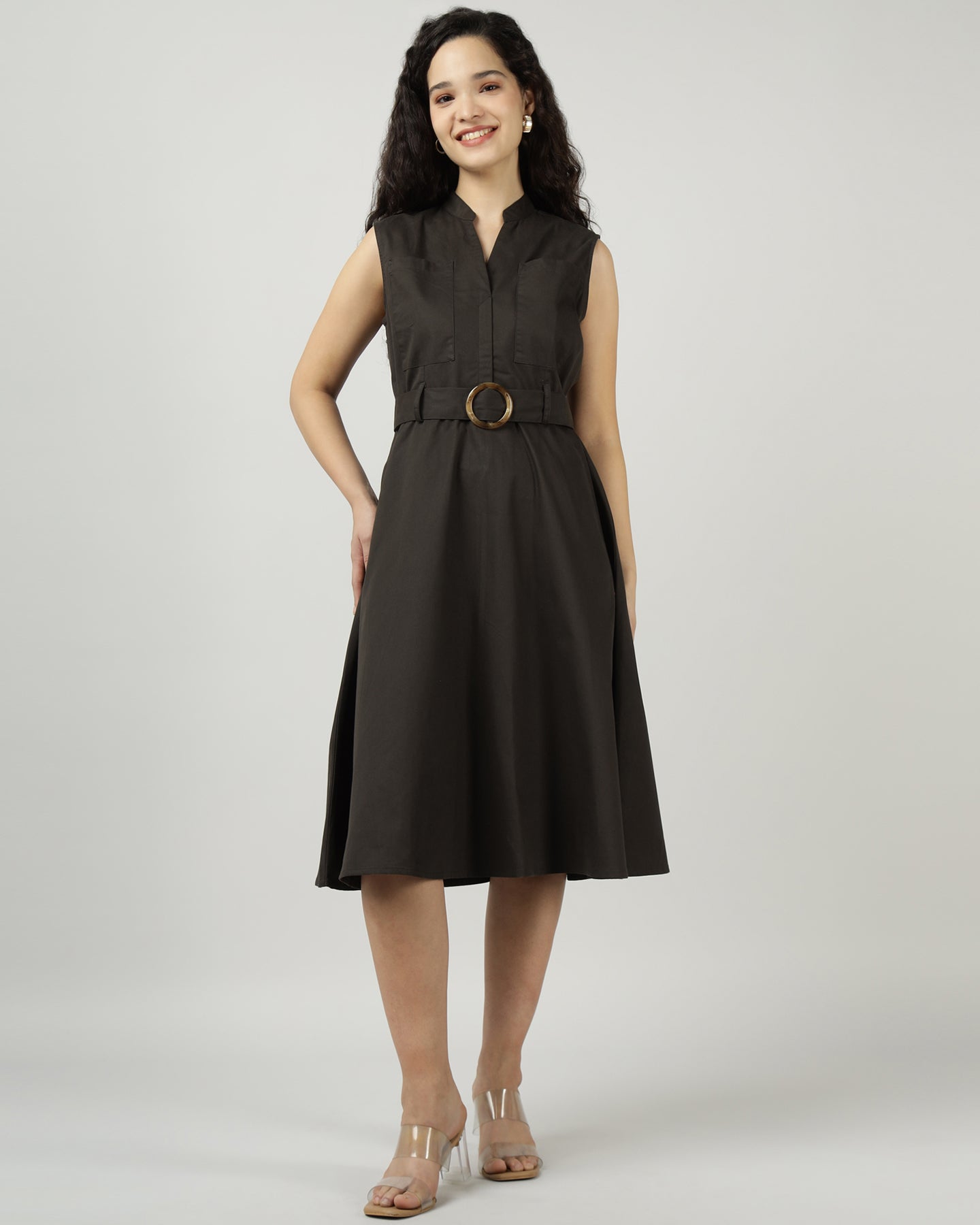 Women’s Dark Olive Utility Sleeveless Belted Dress - 3035