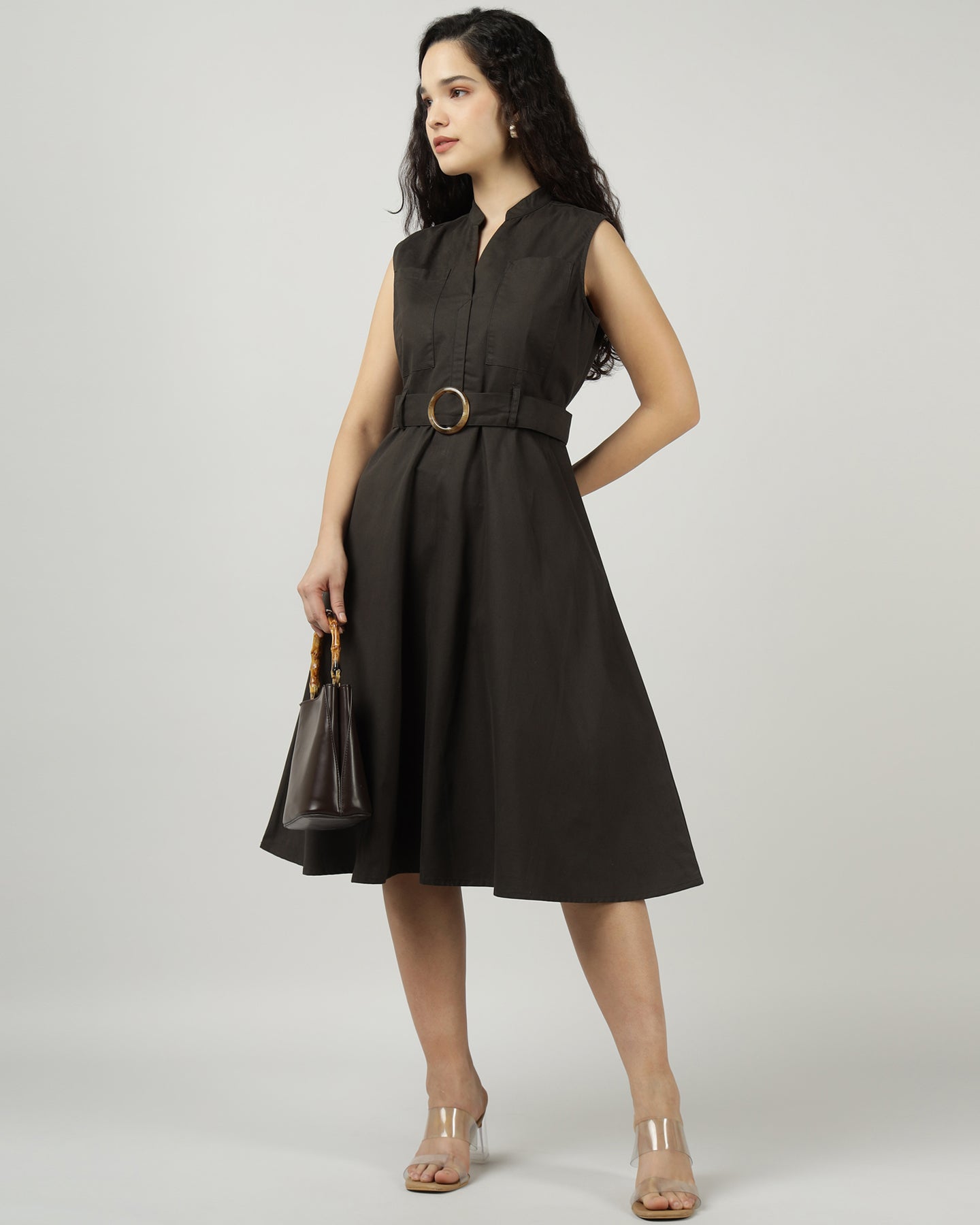 Women’s Dark Olive Utility Sleeveless Belted Dress - 3035