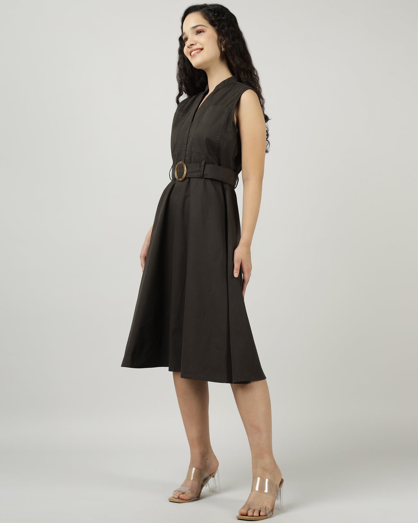 Women’s Dark Olive Utility Sleeveless Belted Dress - 3035