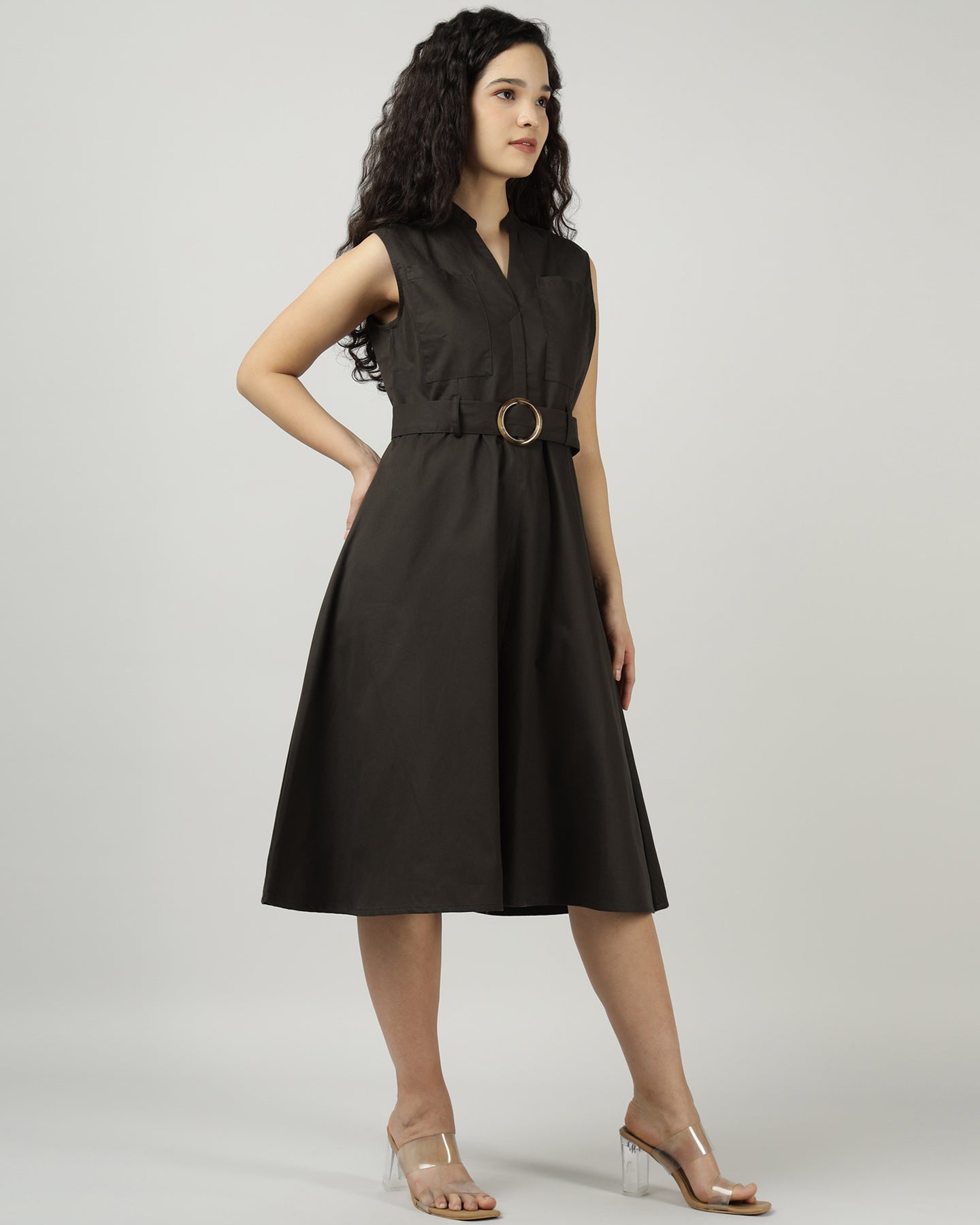 Women’s Dark Olive Utility Sleeveless Belted Dress - 3035