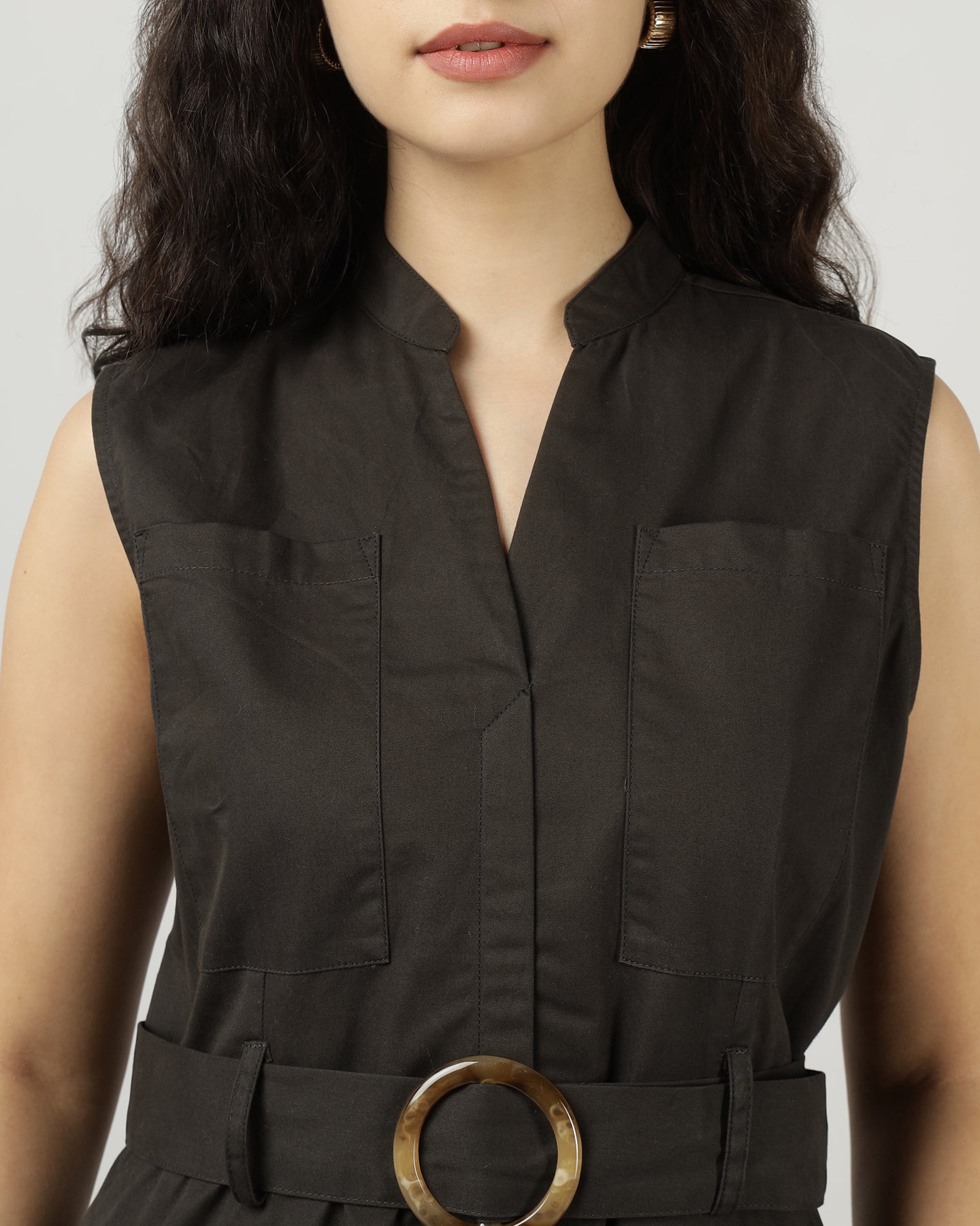 Women’s Dark Olive Utility Sleeveless Belted Dress - 3035