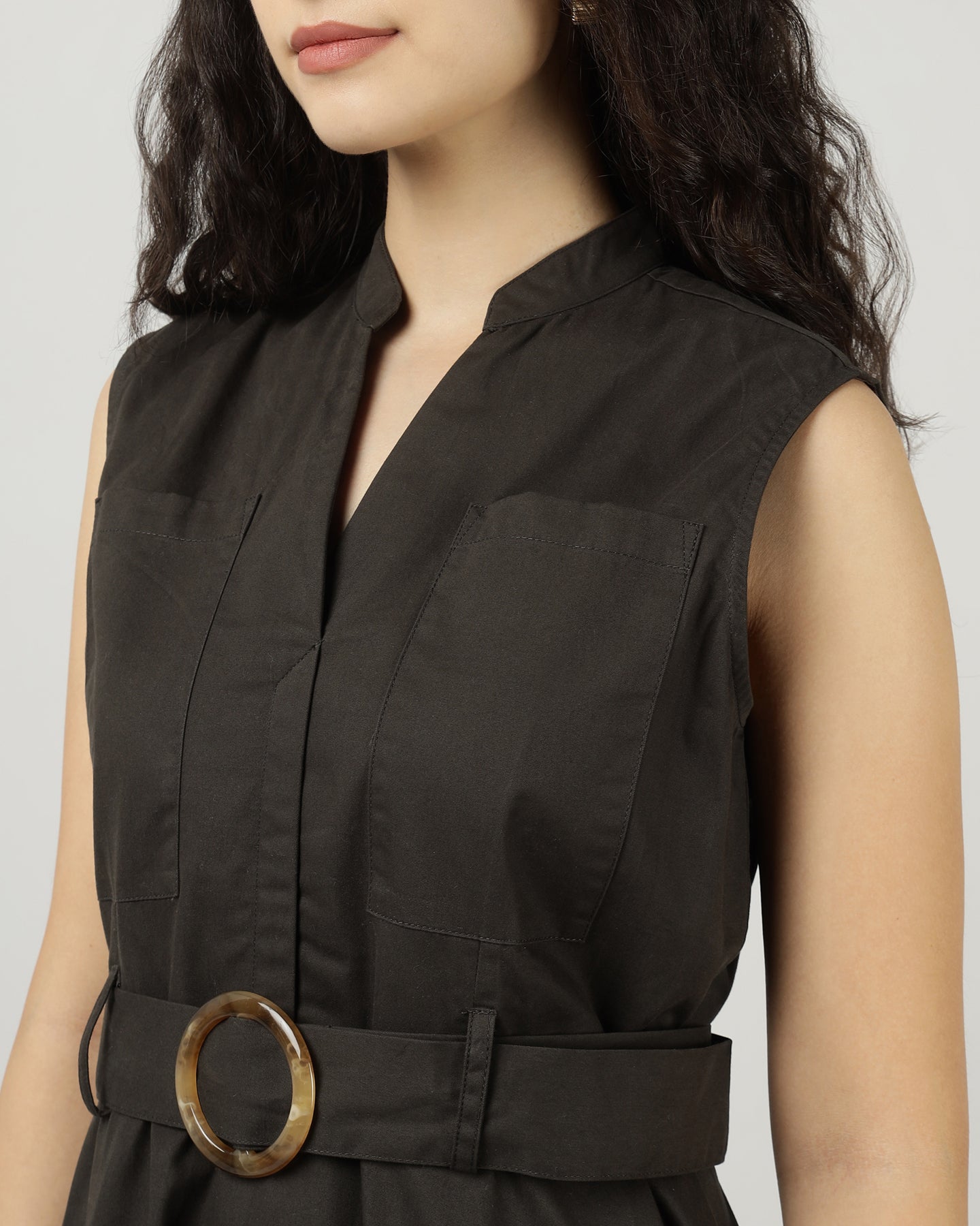 Women’s Dark Olive Utility Sleeveless Belted Dress - 3035