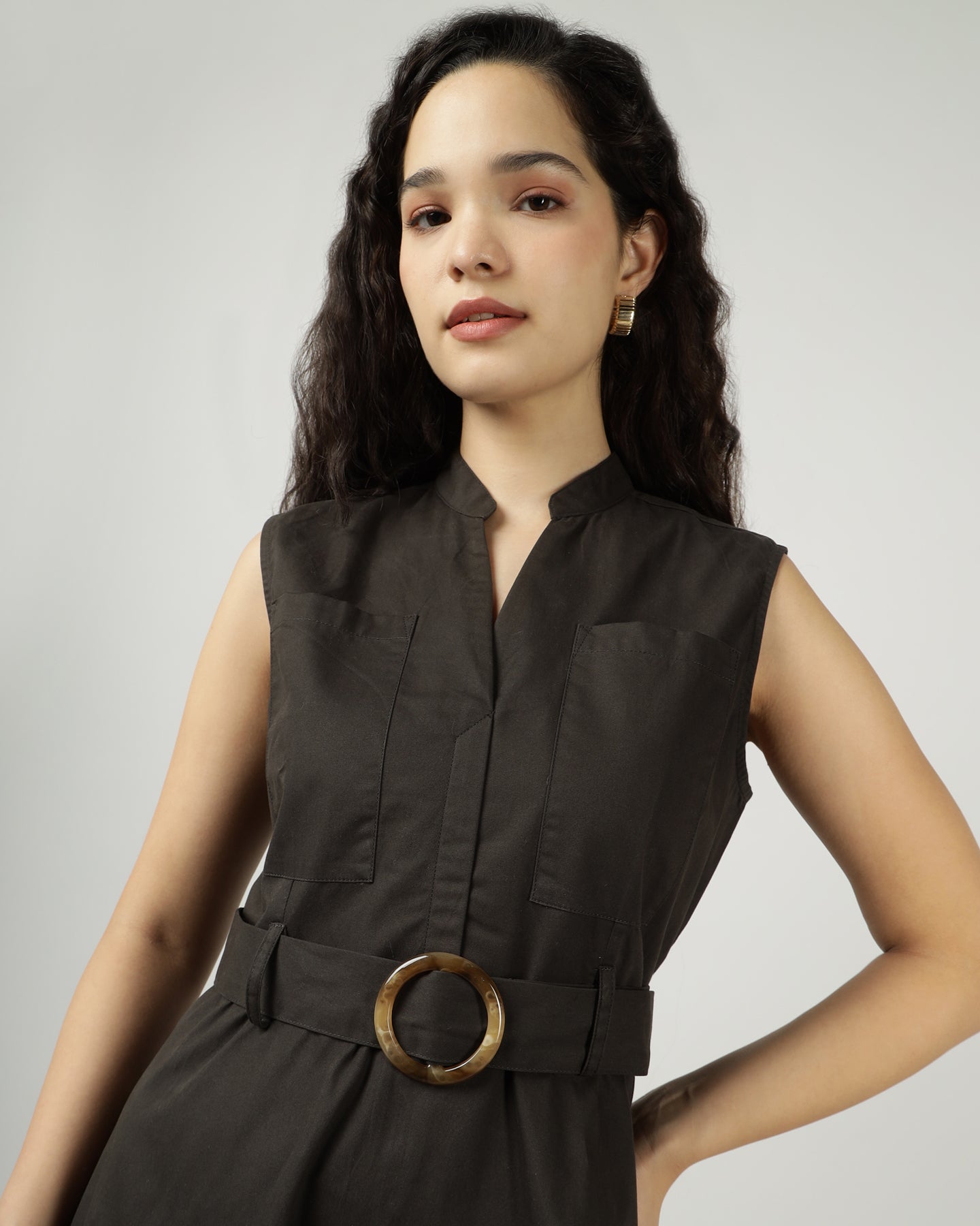 Women’s Dark Olive Utility Sleeveless Belted Dress - 3035