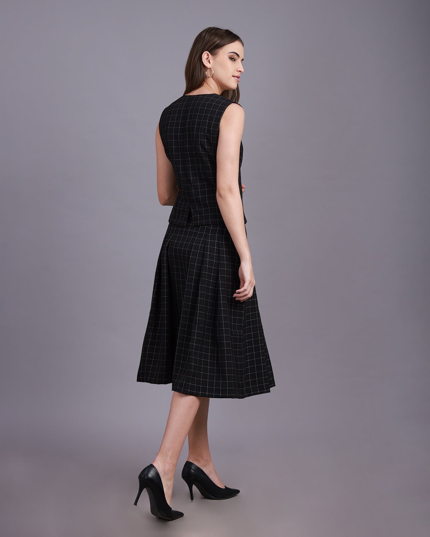 Black checkered Vest with Pleated A-line Skirt Co-ord set - 3073