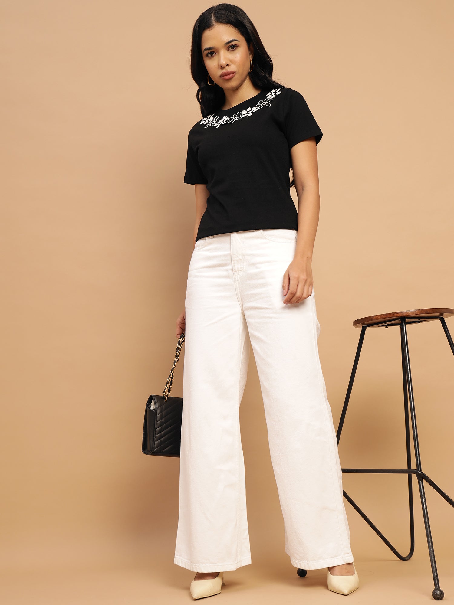 Black Regular Top with Lace Appliqué - 2775