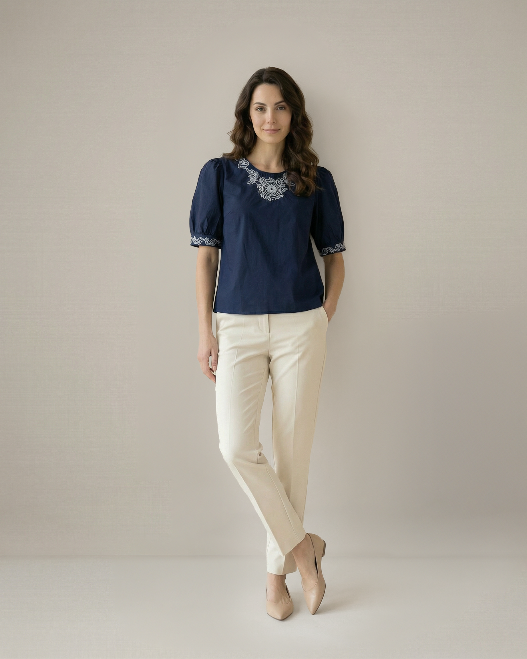 Women’s Embroidered Navy Blue Poplin Regular Fit Top -3106