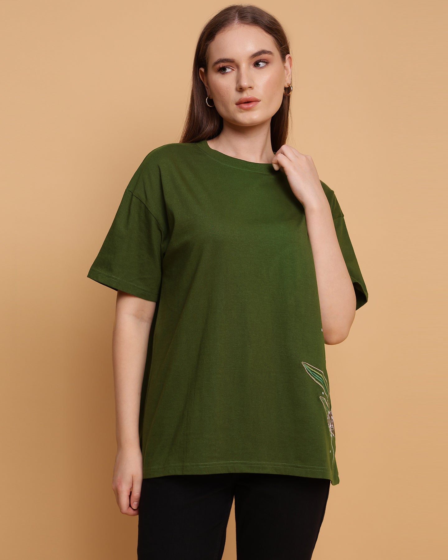 Floral Embroidered Oversized T-Shirt - 2851
