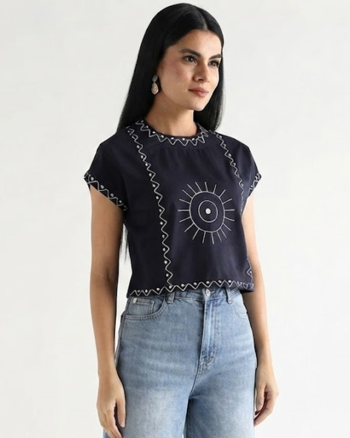 Sands Of India Women’s Blue Cotton Embroidered Top with Relaxed Fit Boxy Crop Top - 3112