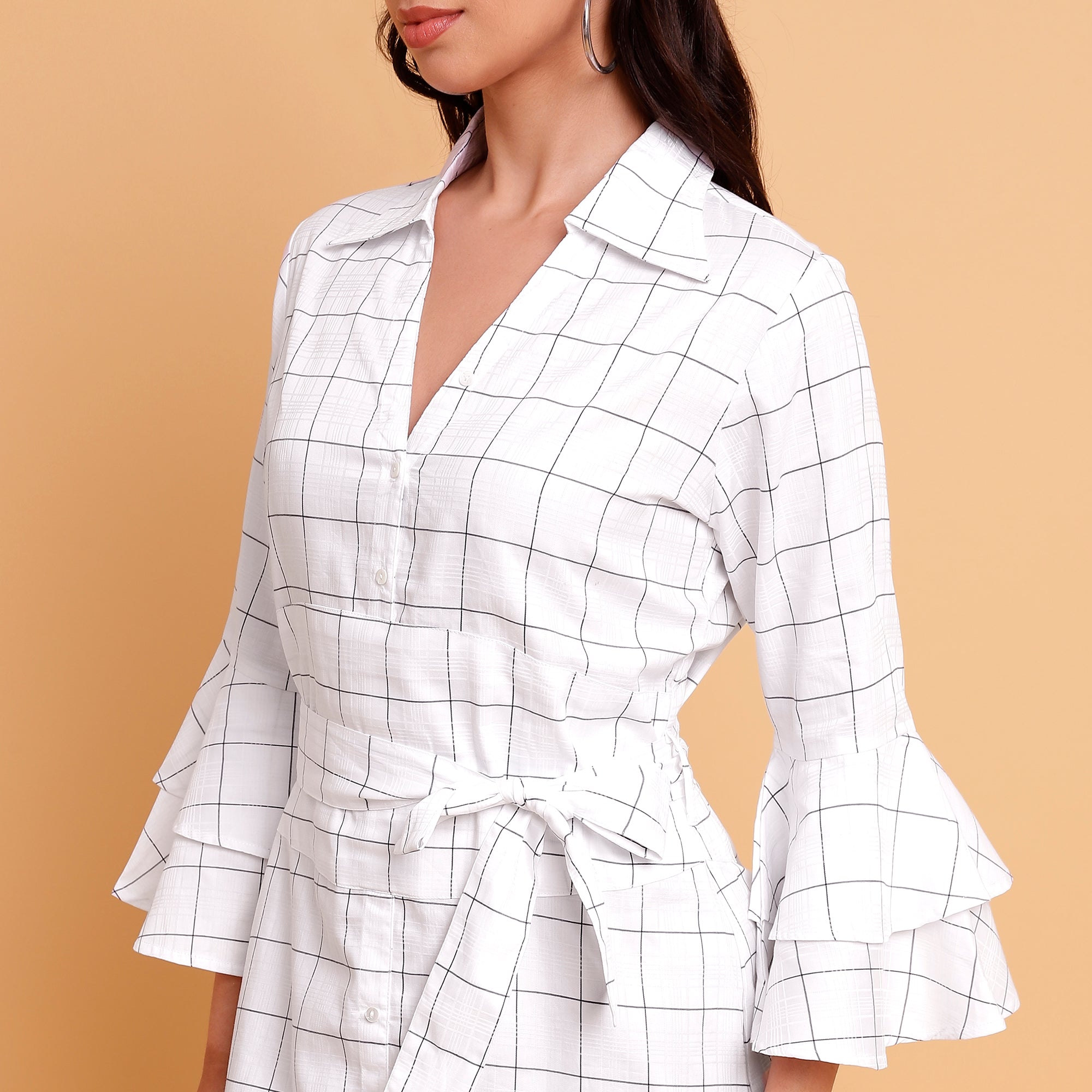 Women’s White Check Shirt Cum Midi Dress with Detachable Belt- 2888