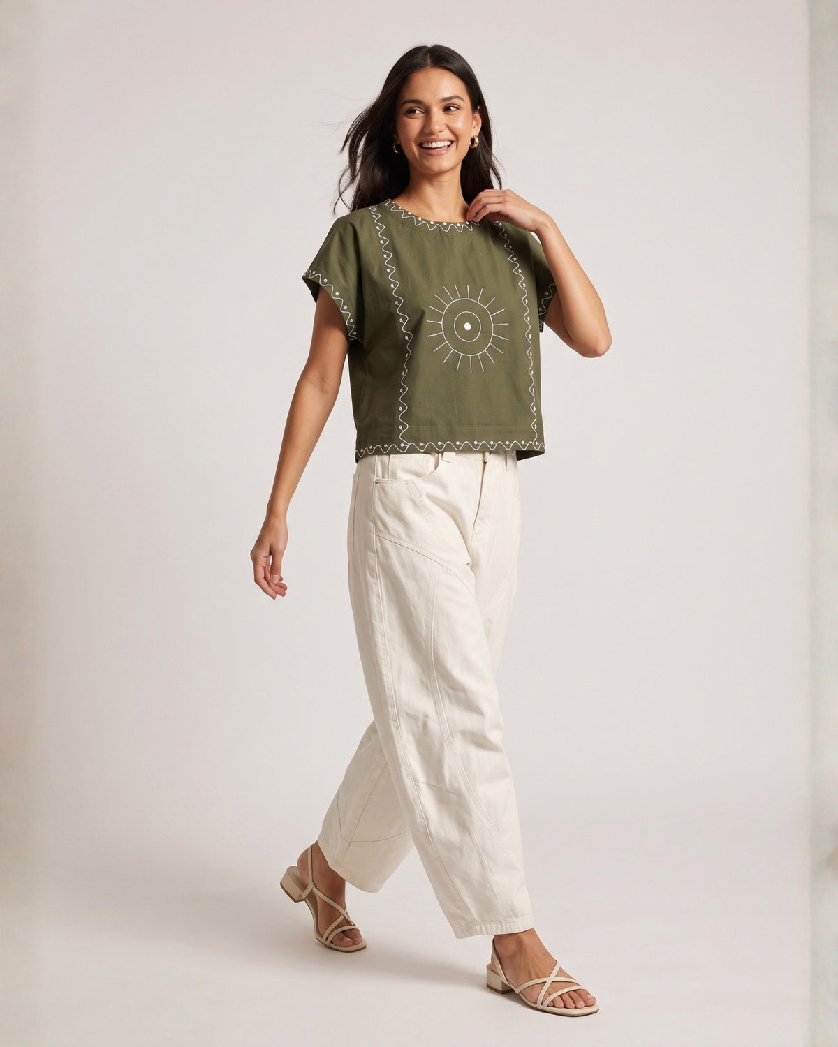 Sands of India Women’s Forest Green Cotton Embroidered Top with Relaxed Fit Boxy Crop Top - 3152