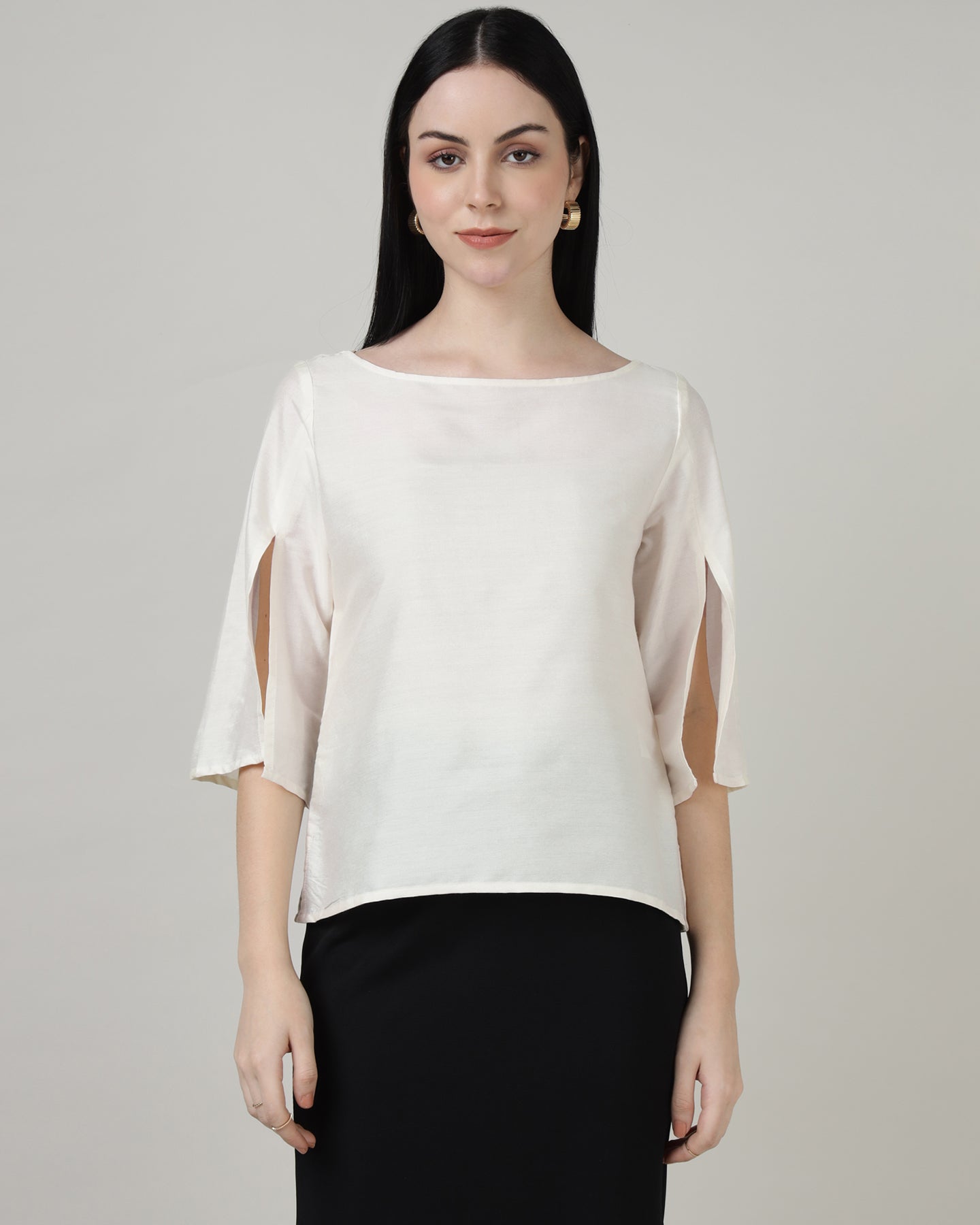 Women’s Off-White Split Long Sleeve Boat Neck Top - 2966