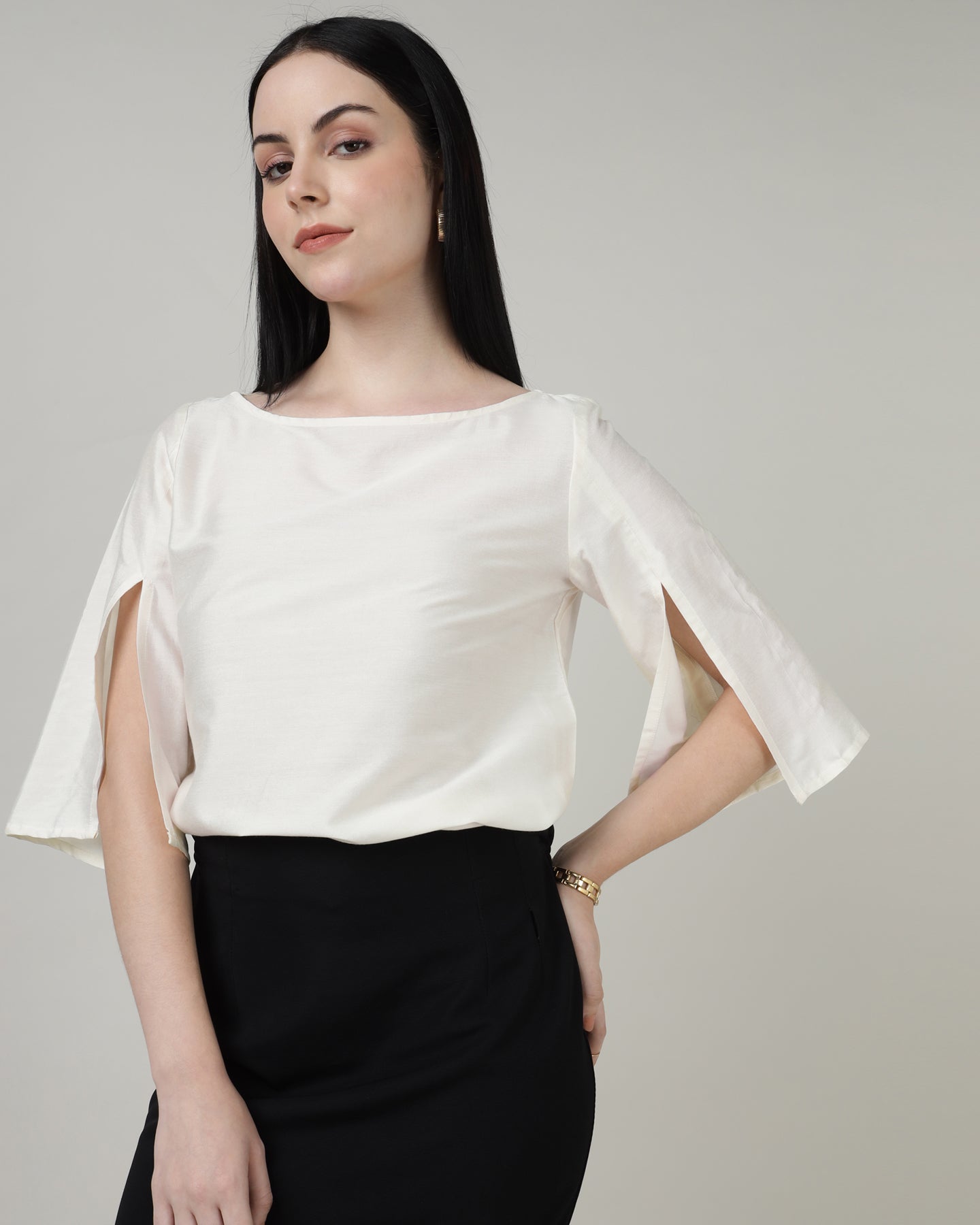 Women’s Off-White Split Long Sleeve Boat Neck Top - 2966