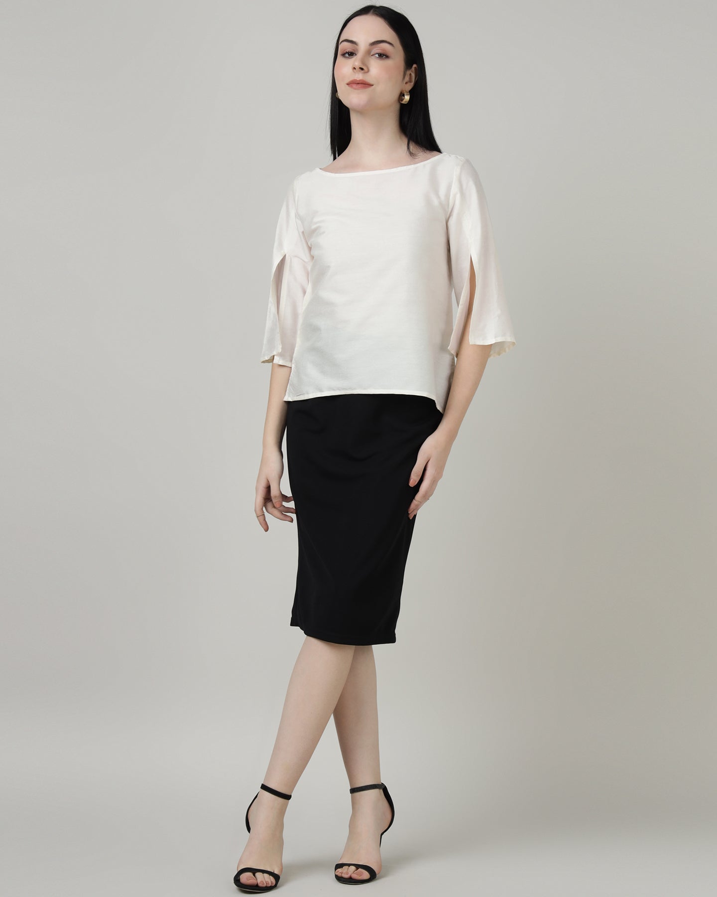Women’s Off-White Split Long Sleeve Boat Neck Top - 2966