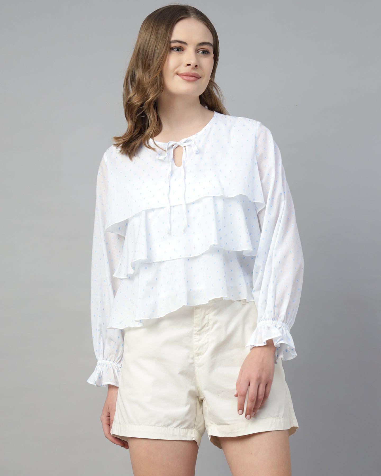 Women’s White Dobby Ruffled Tie-Up Top - 2969