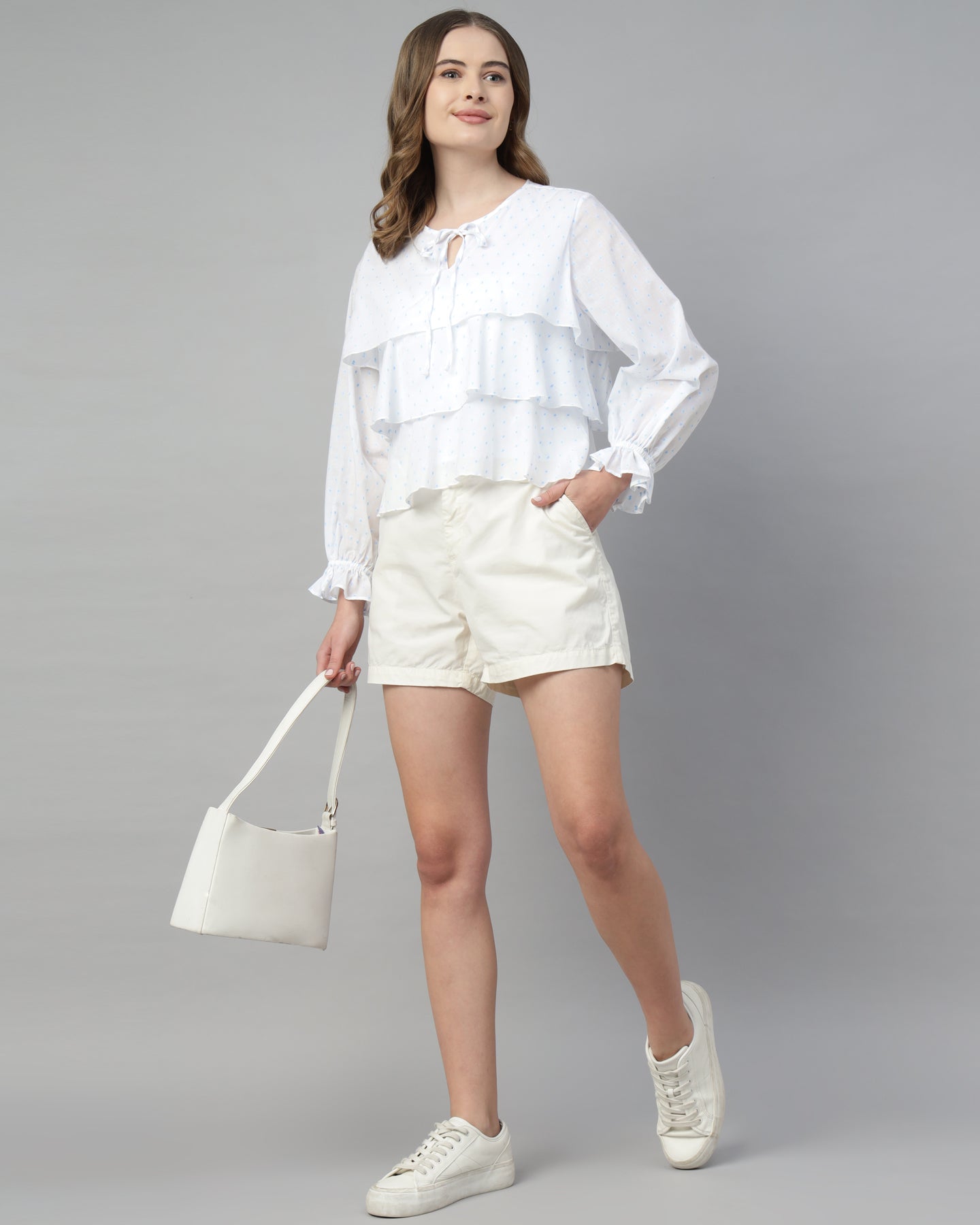 Women’s White Dobby Ruffled Tie-Up Top - 2969