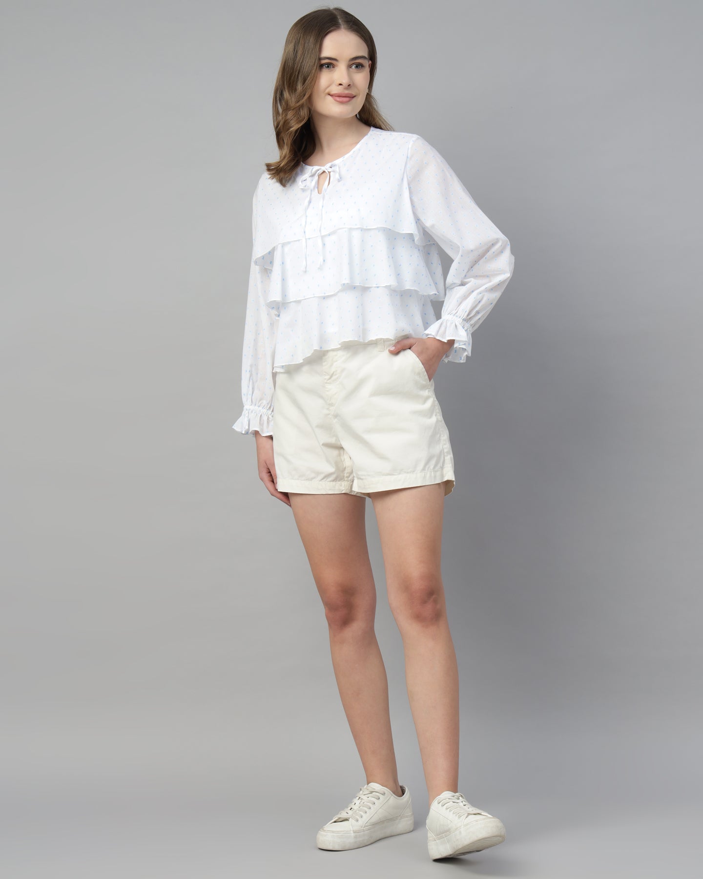 Women’s White Dobby Ruffled Tie-Up Top - 2969