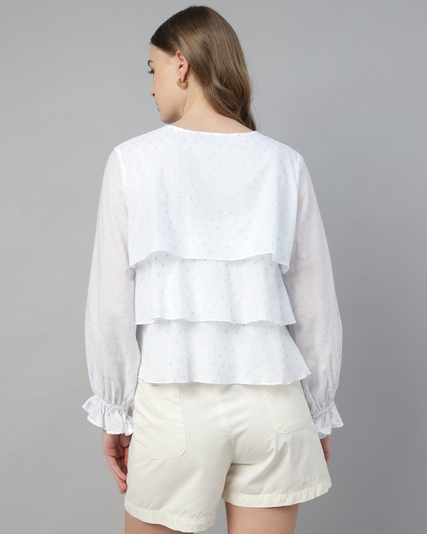 Women’s White Dobby Ruffled Tie-Up Top - 2969