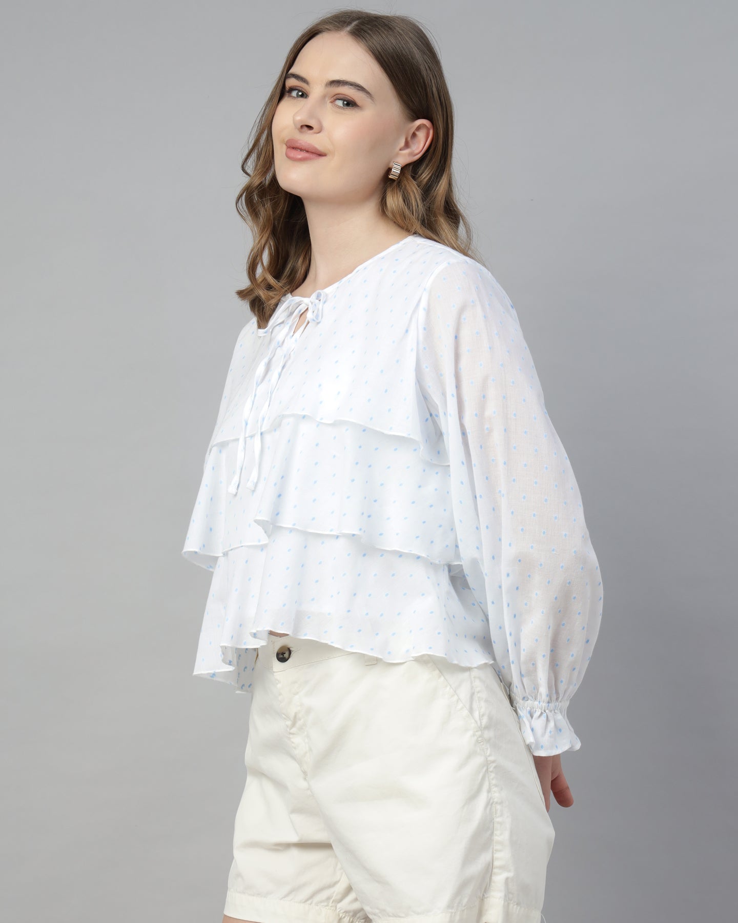 Women’s White Dobby Ruffled Tie-Up Top - 2969