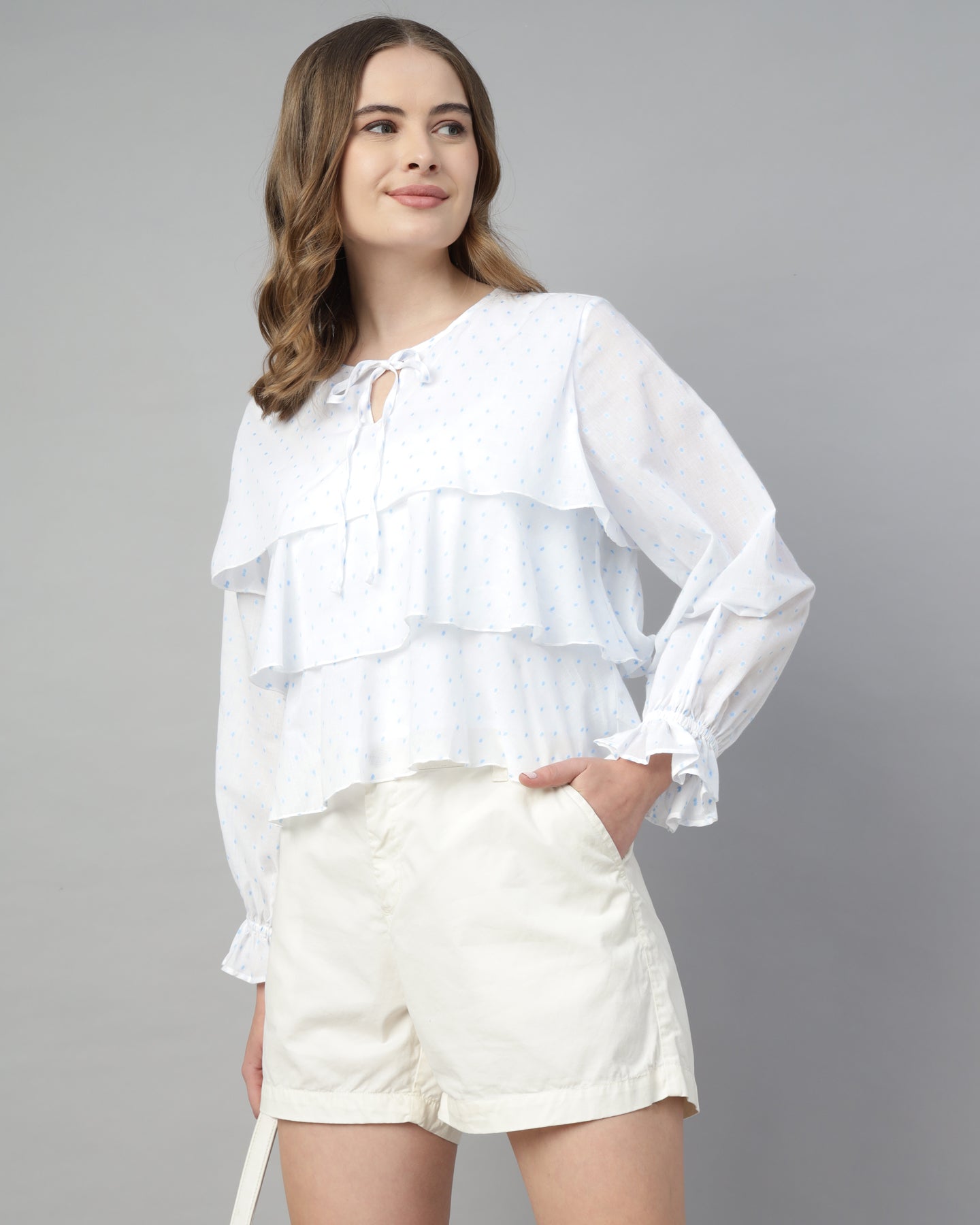 Women’s White Dobby Ruffled Tie-Up Top - 2969