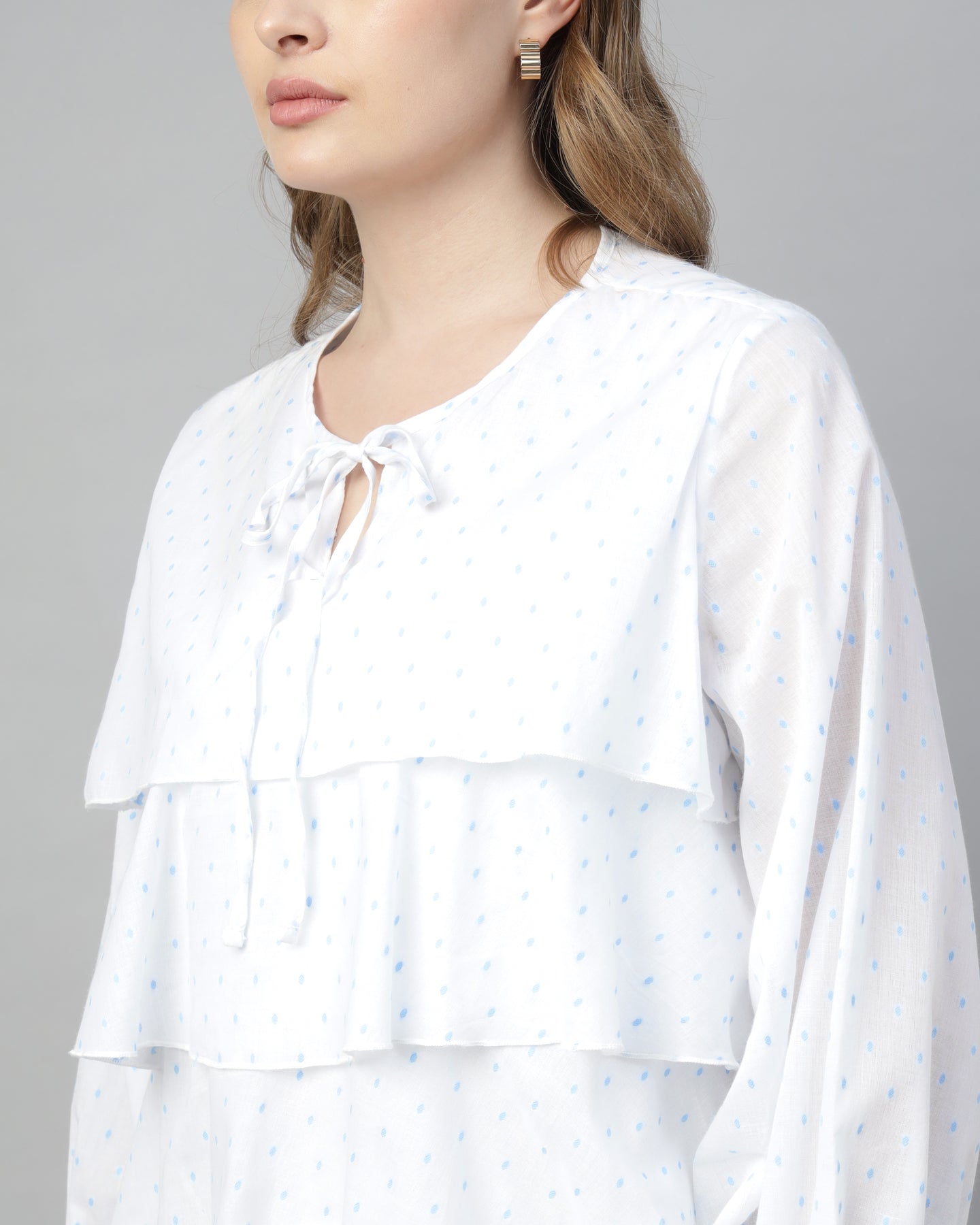 Women’s White Dobby Ruffled Tie-Up Top - 2969