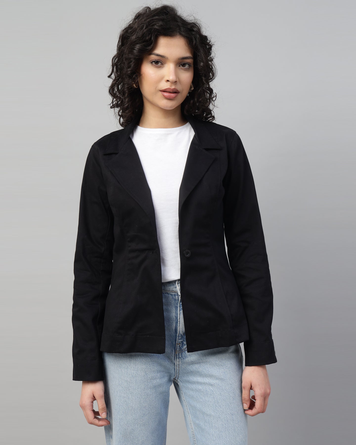 Women’s Black Notched Lapel Blazer – Long Sleeve, Regular Fit, Single-Breasted -2952