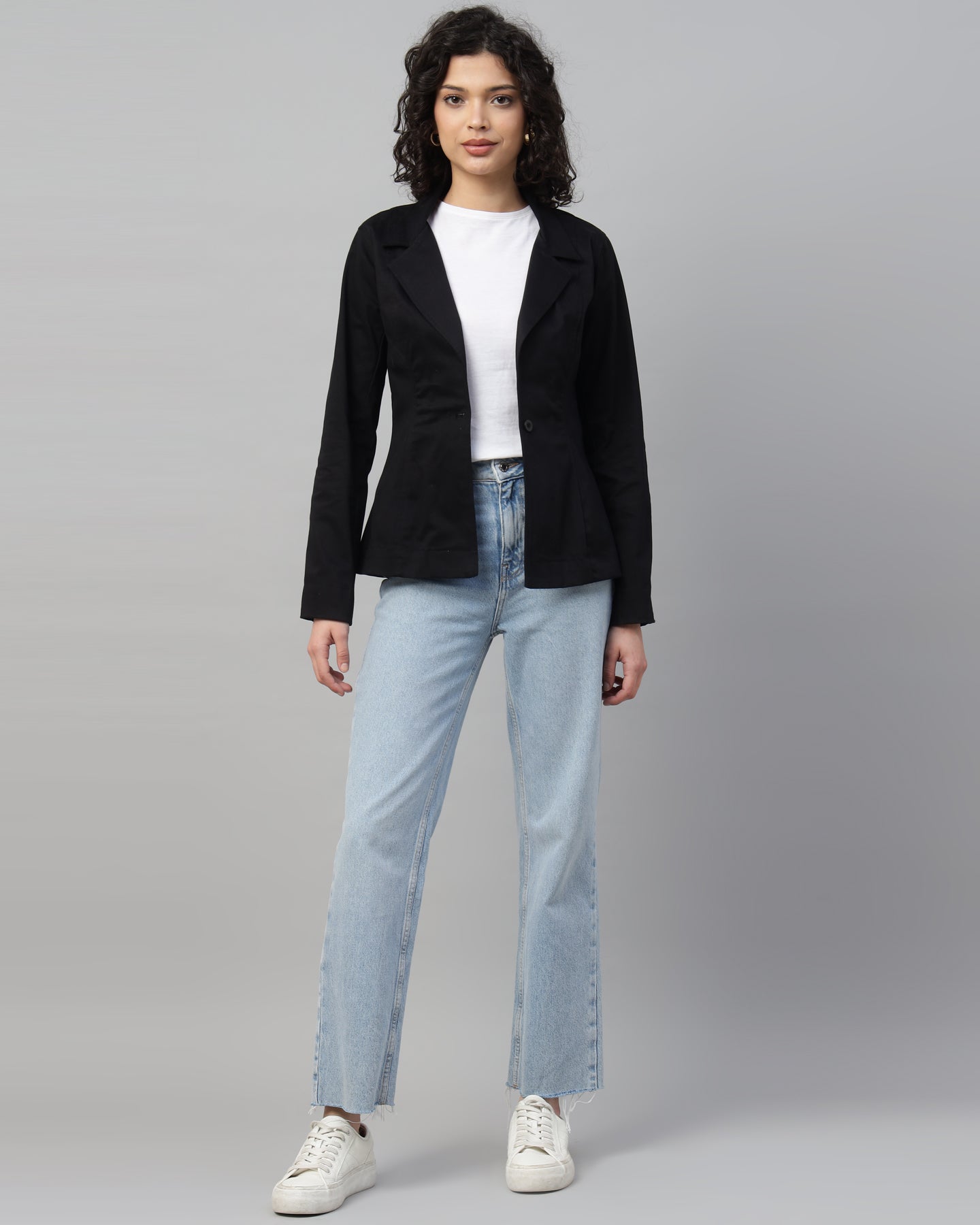 Women’s Black Notched Lapel Blazer – Long Sleeve, Regular Fit, Single-Breasted -2952
