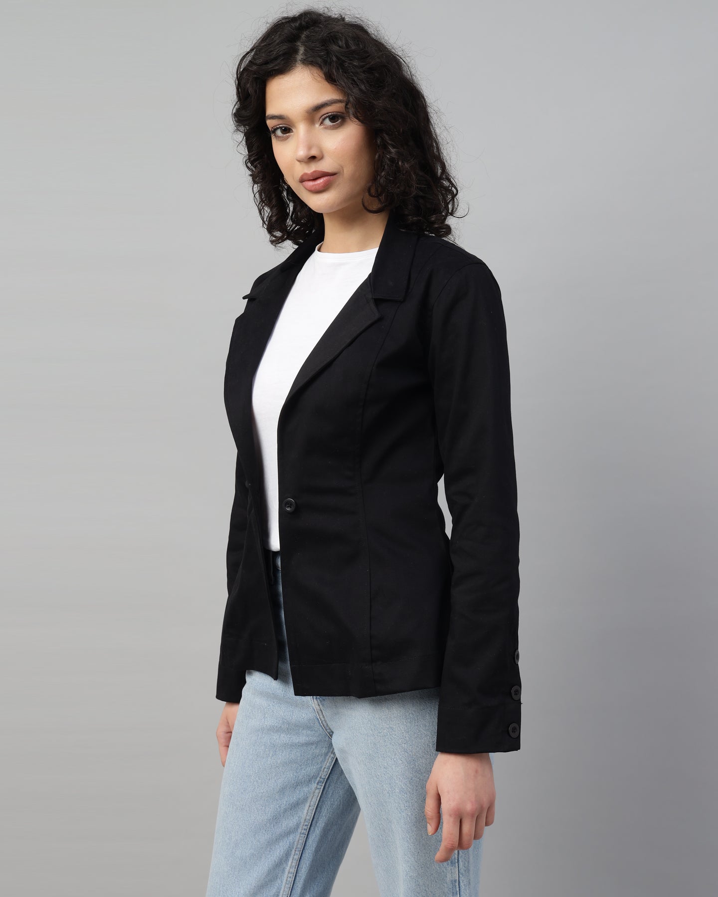 Women’s Black Notched Lapel Blazer – Long Sleeve, Regular Fit, Single-Breasted -2952
