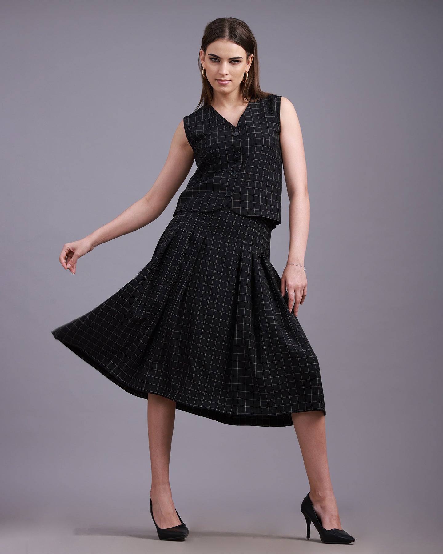 Black checkered Vest with Pleated A-line Skirt Co-ord set - 3073