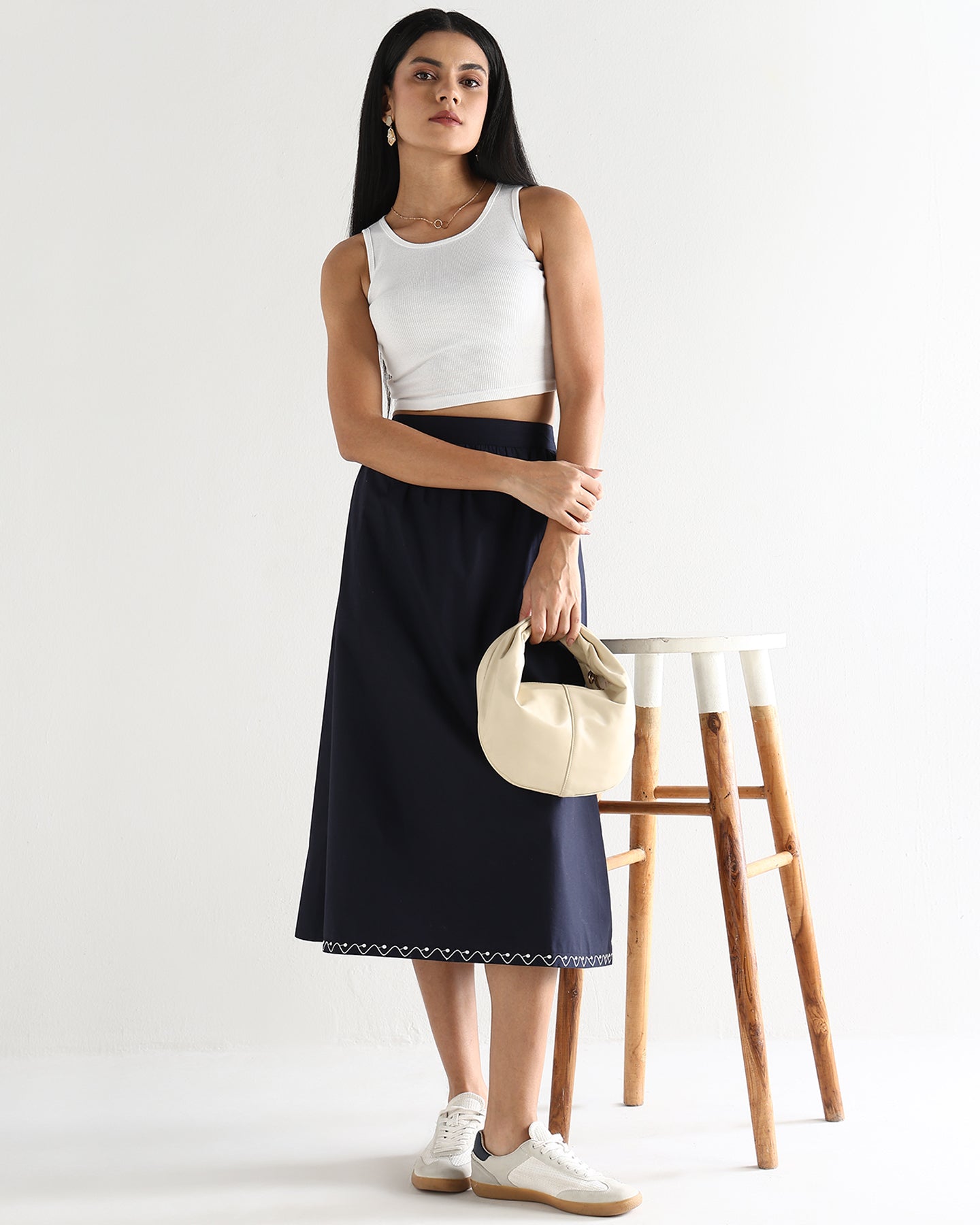 Women’s Blue Cotton Embroidered Midi Skirt with Elasticated Waist A-Line Casual Skirt -3113
