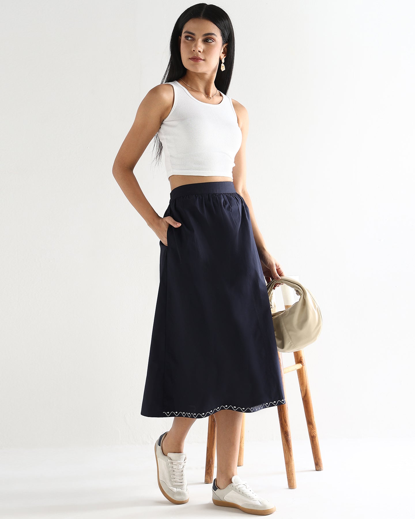 Women’s Blue Cotton Embroidered Midi Skirt with Elasticated Waist A-Line Casual Skirt -3113