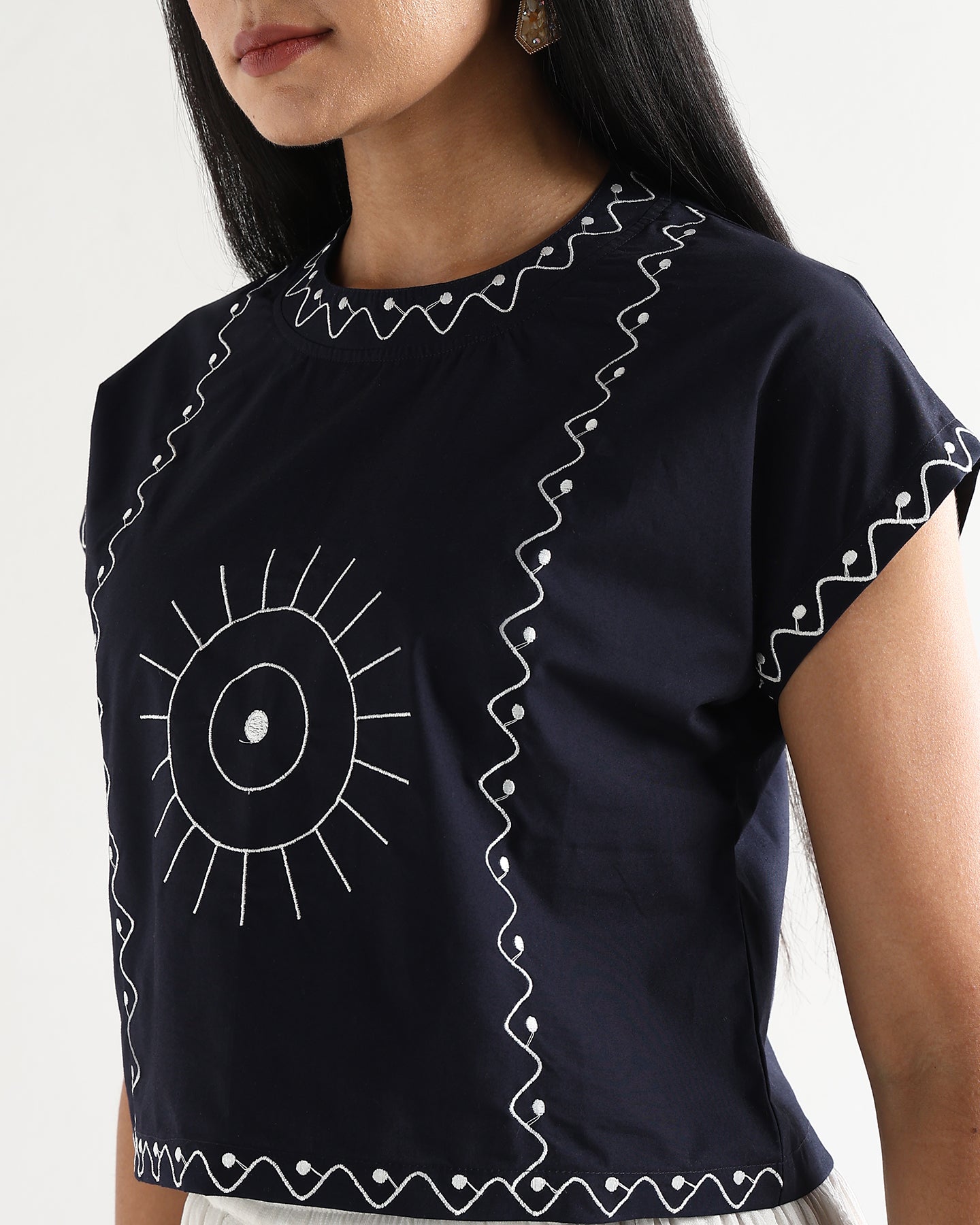 Women’s Blue Cotton Embroidered Top with Relaxed Fit Short Sleeve Boxy Top - 3112