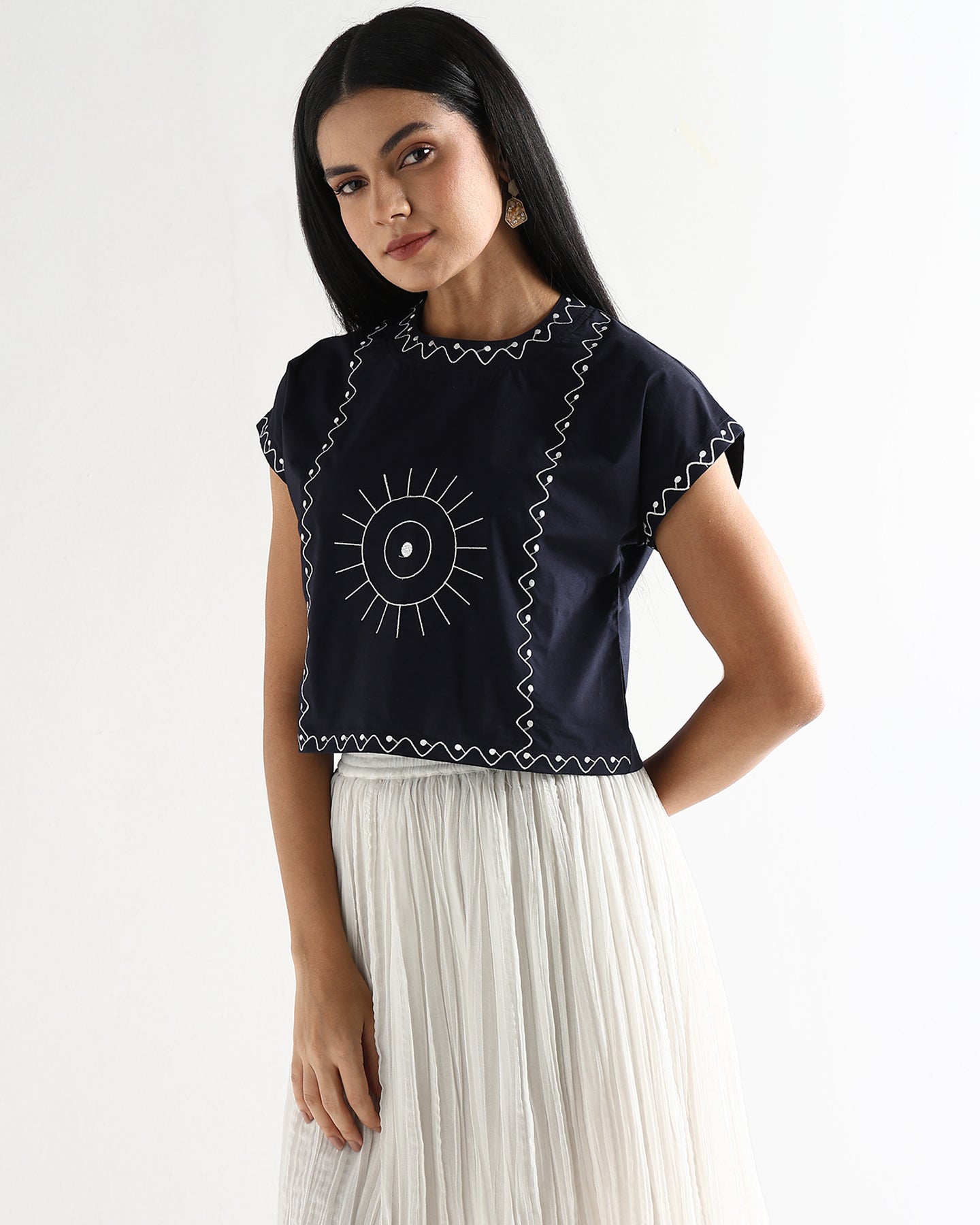 Women’s Blue Cotton Embroidered Top with Relaxed Fit Short Sleeve Boxy Top - 3112