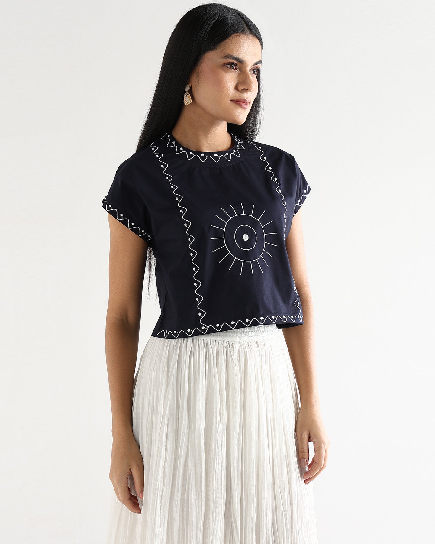 Women’s Blue Cotton Embroidered Top with Relaxed Fit Short Sleeve Boxy Top - 3112