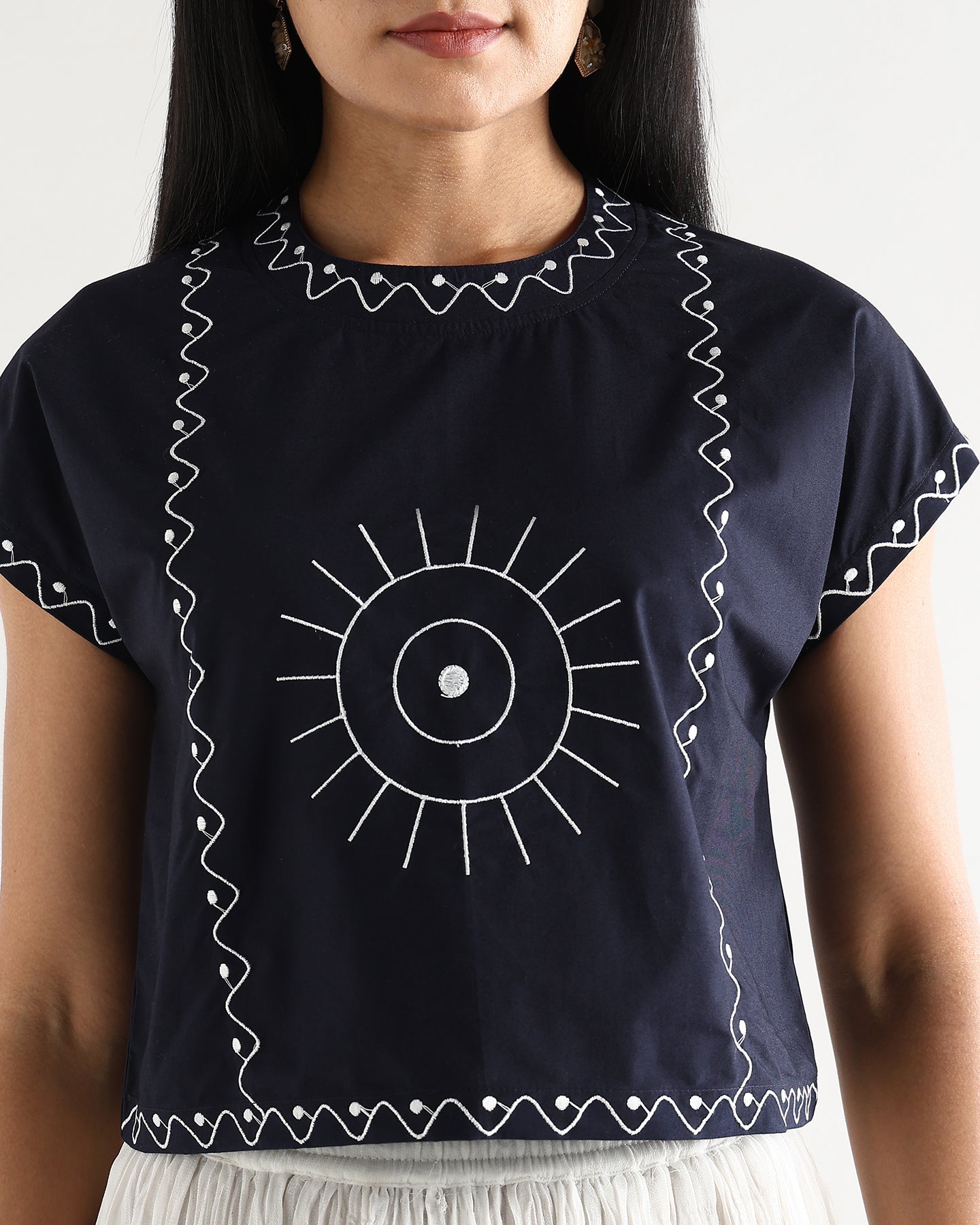Women’s Blue Cotton Embroidered Top with Relaxed Fit Short Sleeve Boxy Top - 3112