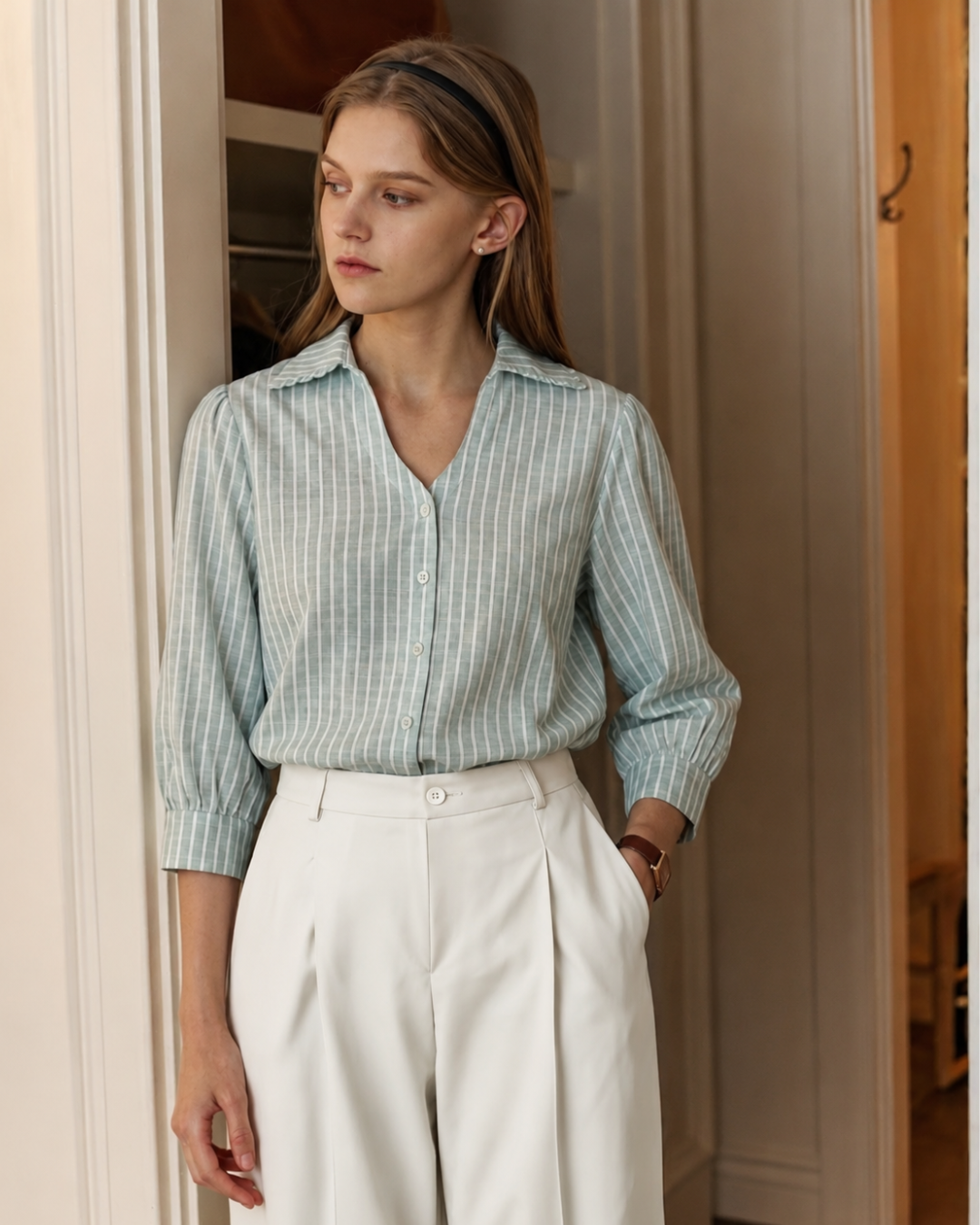 Women’s Relaxed Fit Green Stripe Shirt with Ruffle Collar- 2906