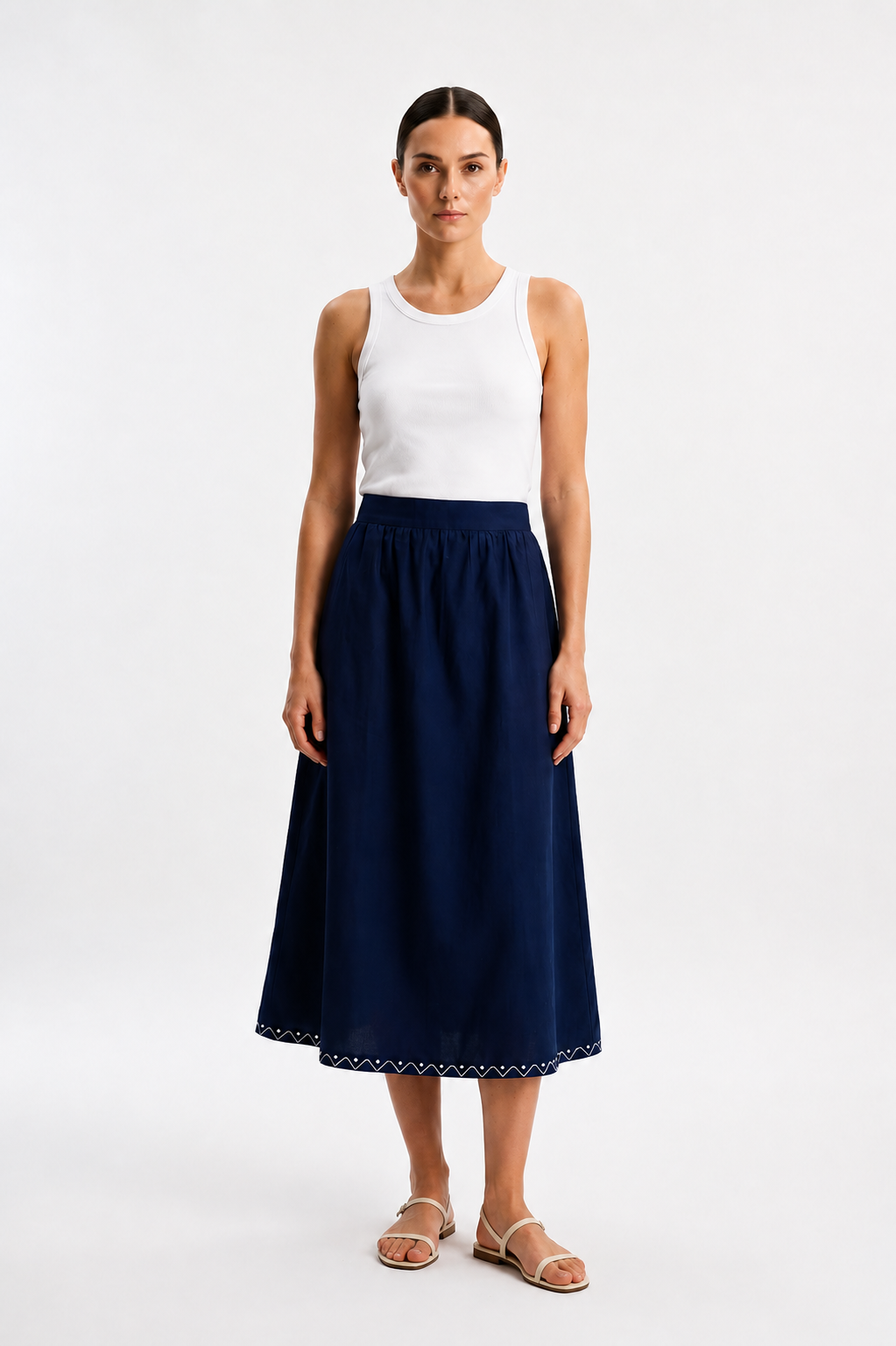 Women’s Blue Cotton Embroidered Midi Skirt with Elasticated Waist A-Line Casual Skirt -3113