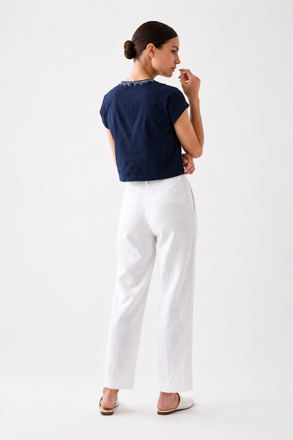 Women’s Blue Cotton Embroidered Top with Relaxed Fit Short Sleeve Boxy Top - 3112