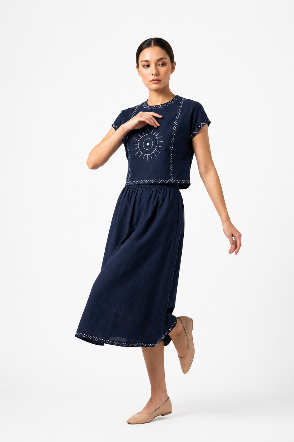 Women’s Embroidered Navy Blue Mock-Neck Crop Top & knotted Skirt Co-ord Set - 3111