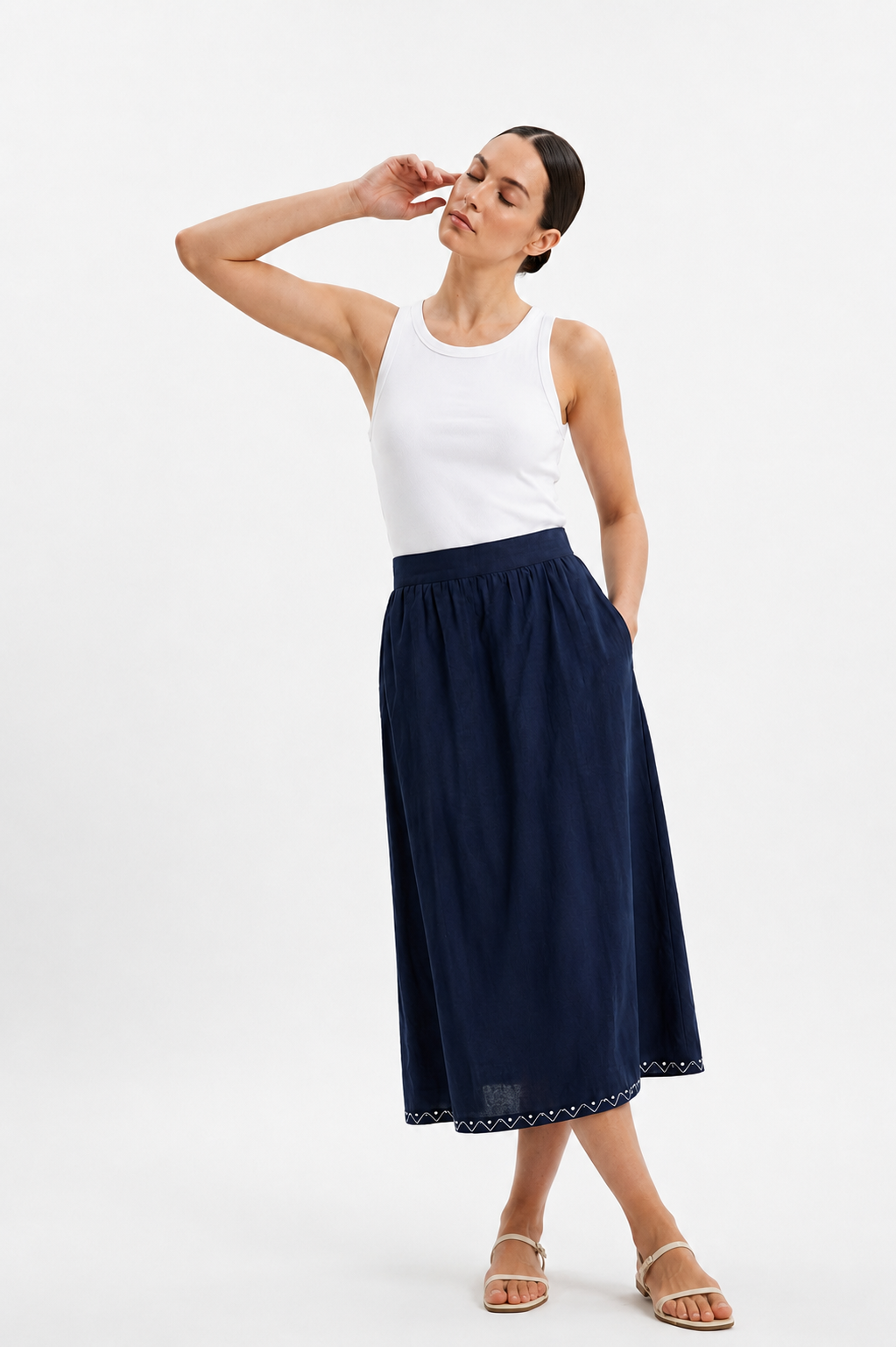 Women’s Blue Cotton Embroidered Midi Skirt with Elasticated Waist A-Line Casual Skirt -3113