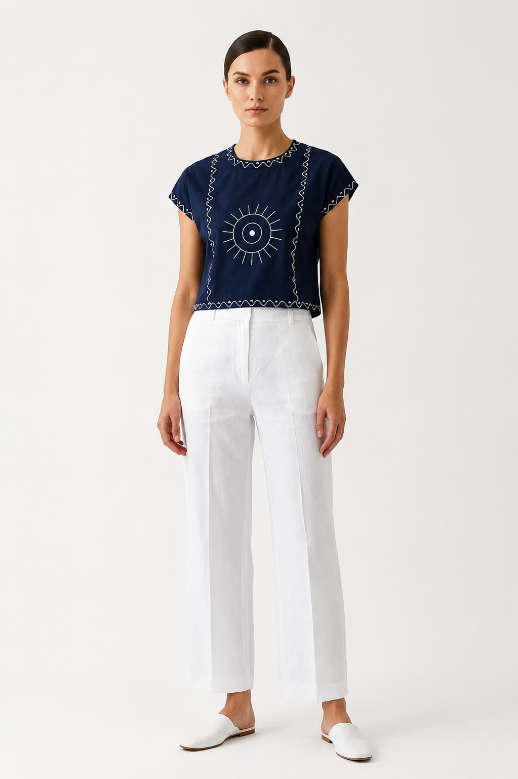 Women’s Blue Cotton Embroidered Top with Relaxed Fit Short Sleeve Boxy Top - 3112
