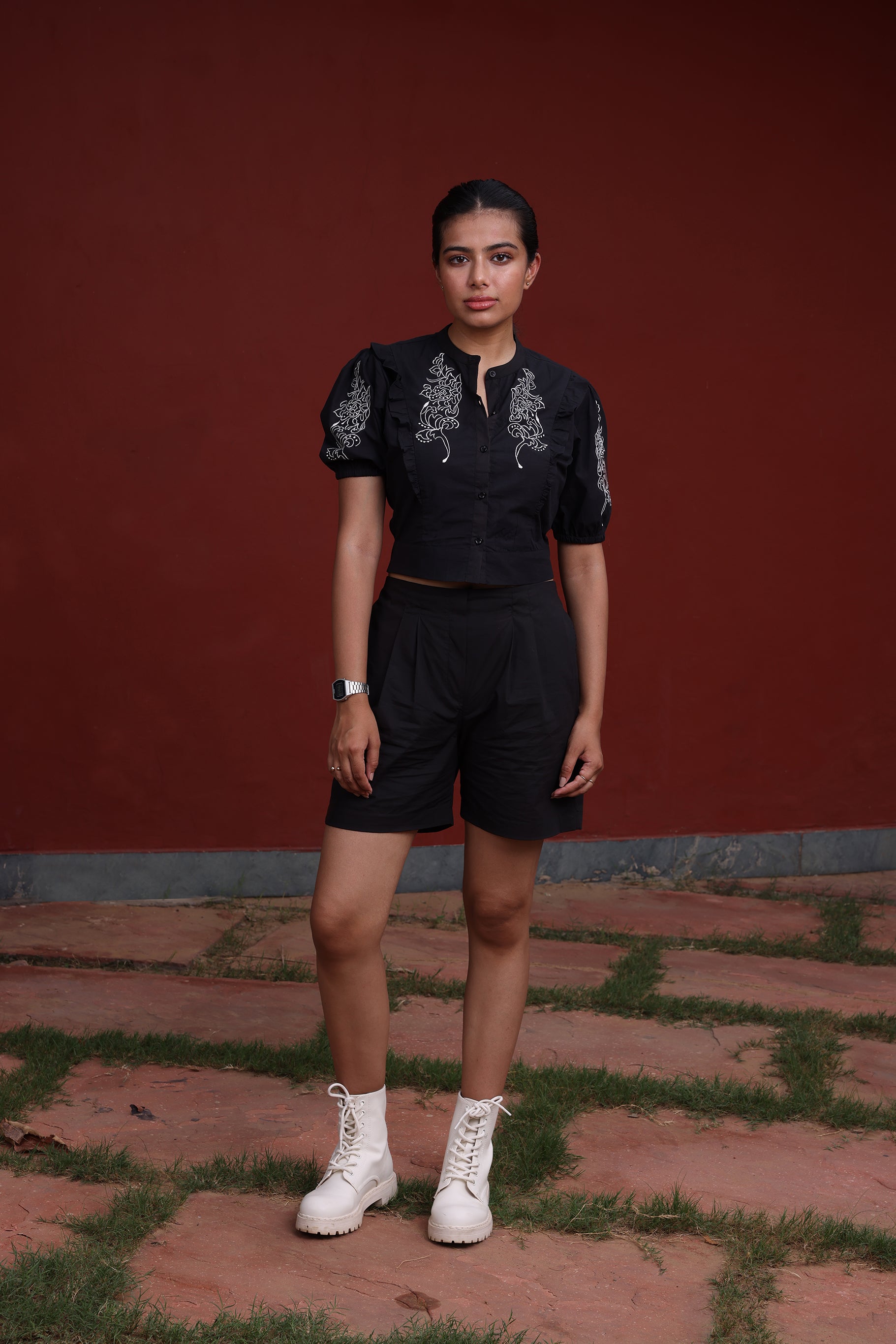 Women’s Black Embroidered Poplin Co-ord Set – Two-Piece Outfit - 1552