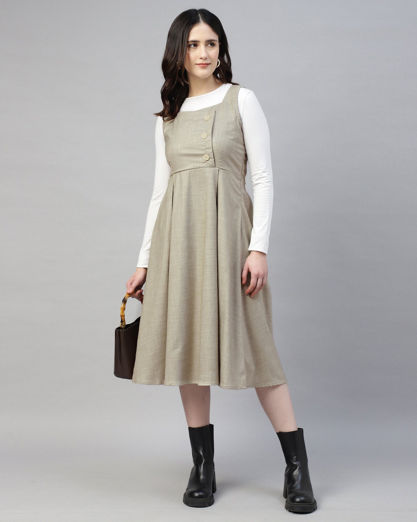 Women’s Stone Grey Buttoned Pinafore Midi Dress – Checked Calf-Length -2948