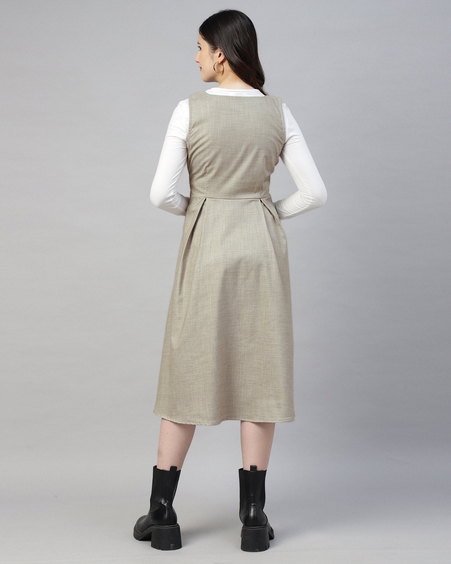 Women’s Stone Grey Buttoned Pinafore Midi Dress – Checked Calf-Length -2948